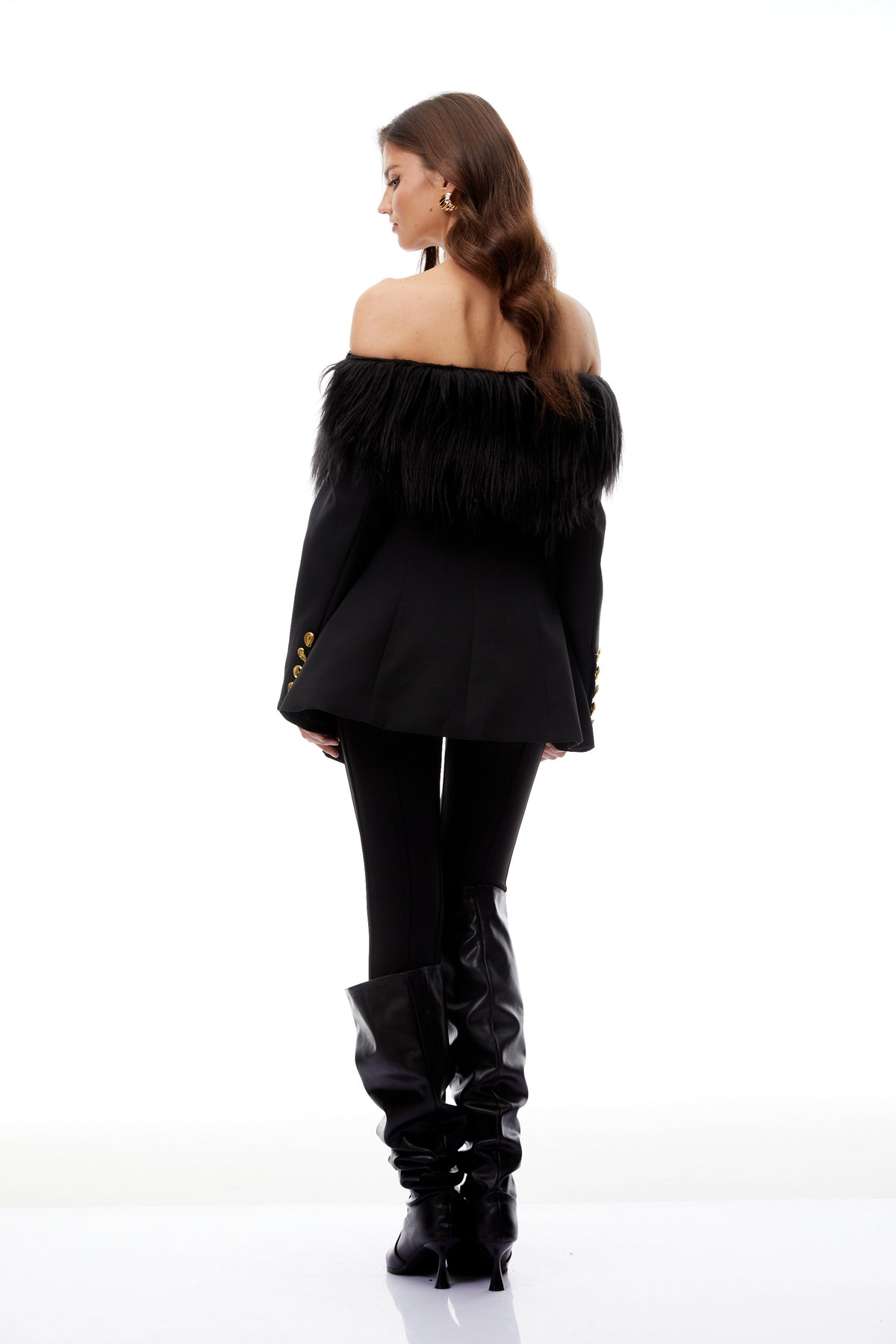 Nelly Black Off Shoulder Fur Trim Blazer