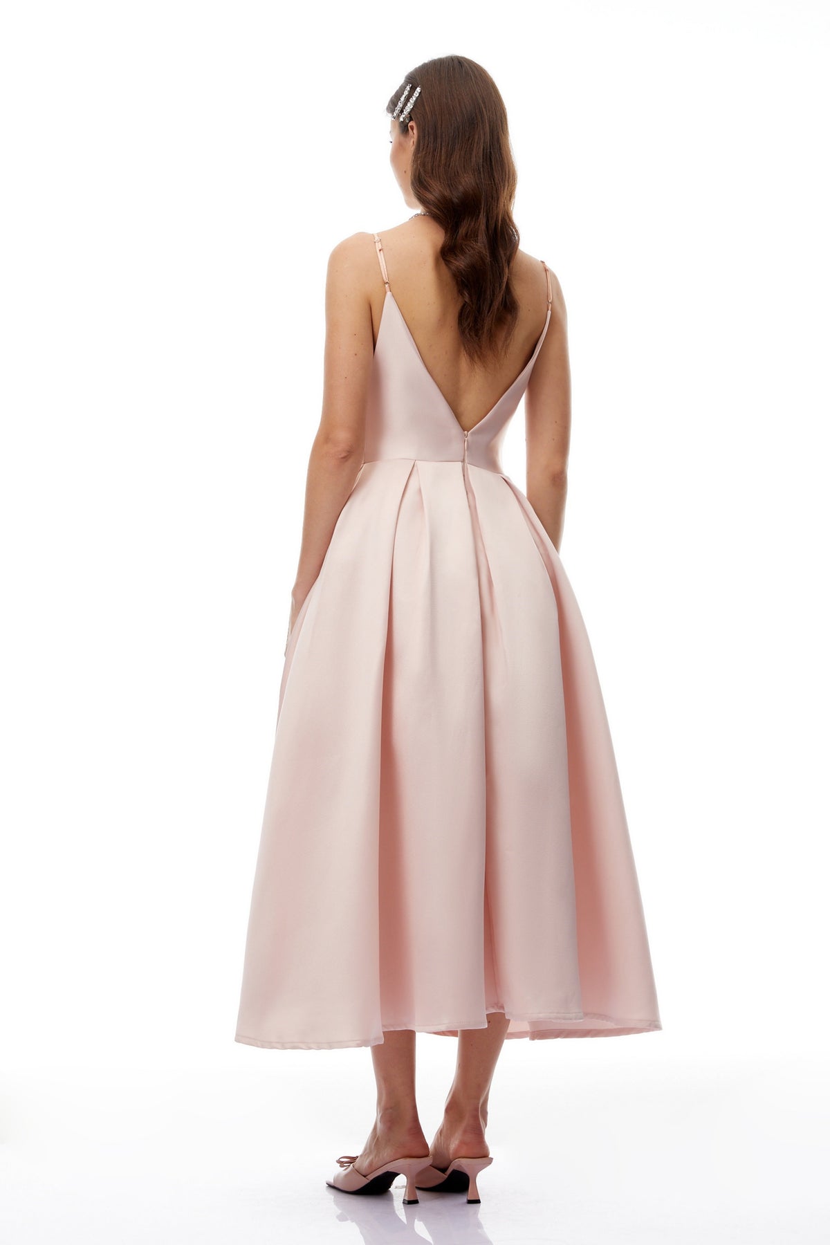 Prunelle Pink V-Neck Pleated Midi Dress