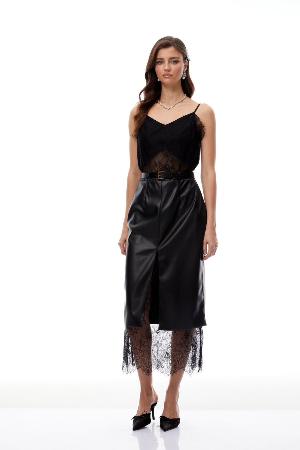 Debby Black Leather Panel Lace Midi Dress