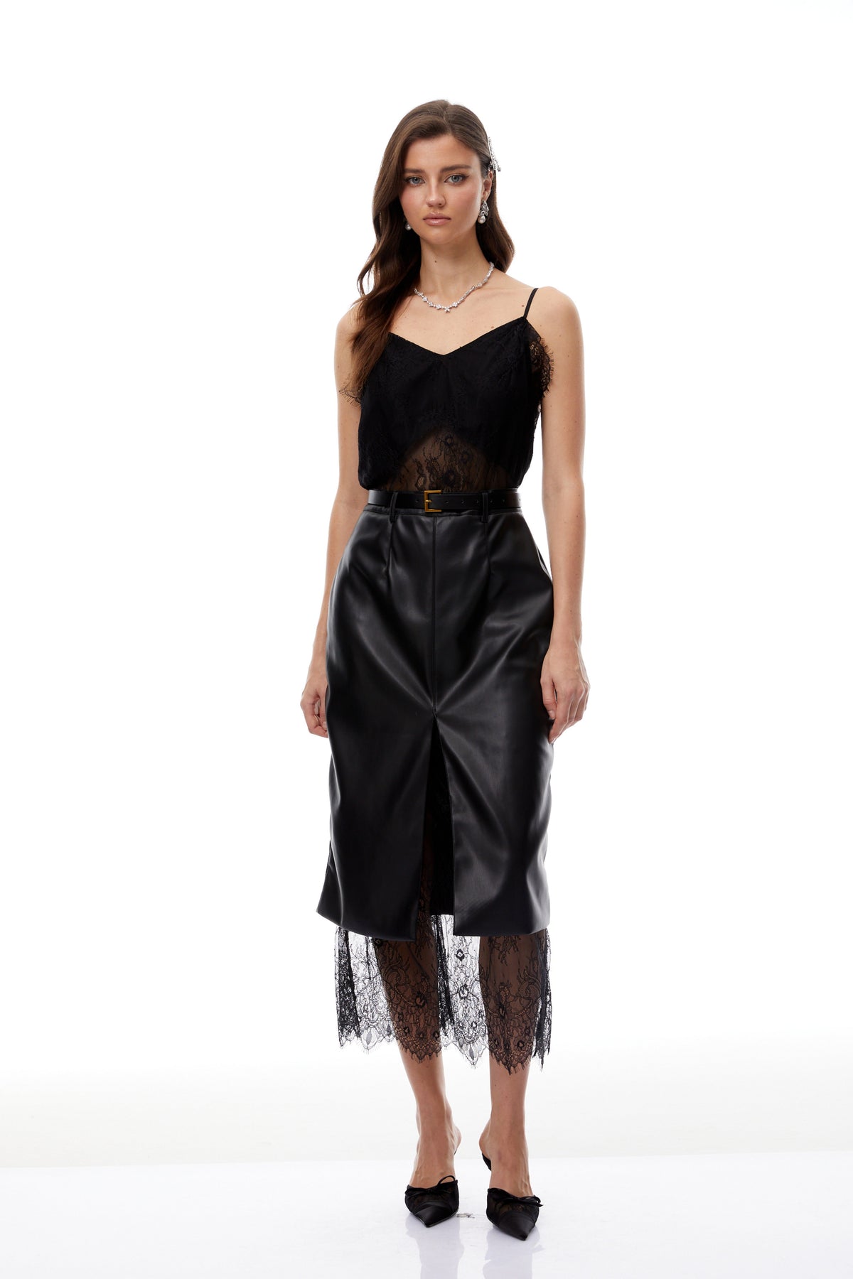 Debby Black Leather Panel Lace Midi Dress