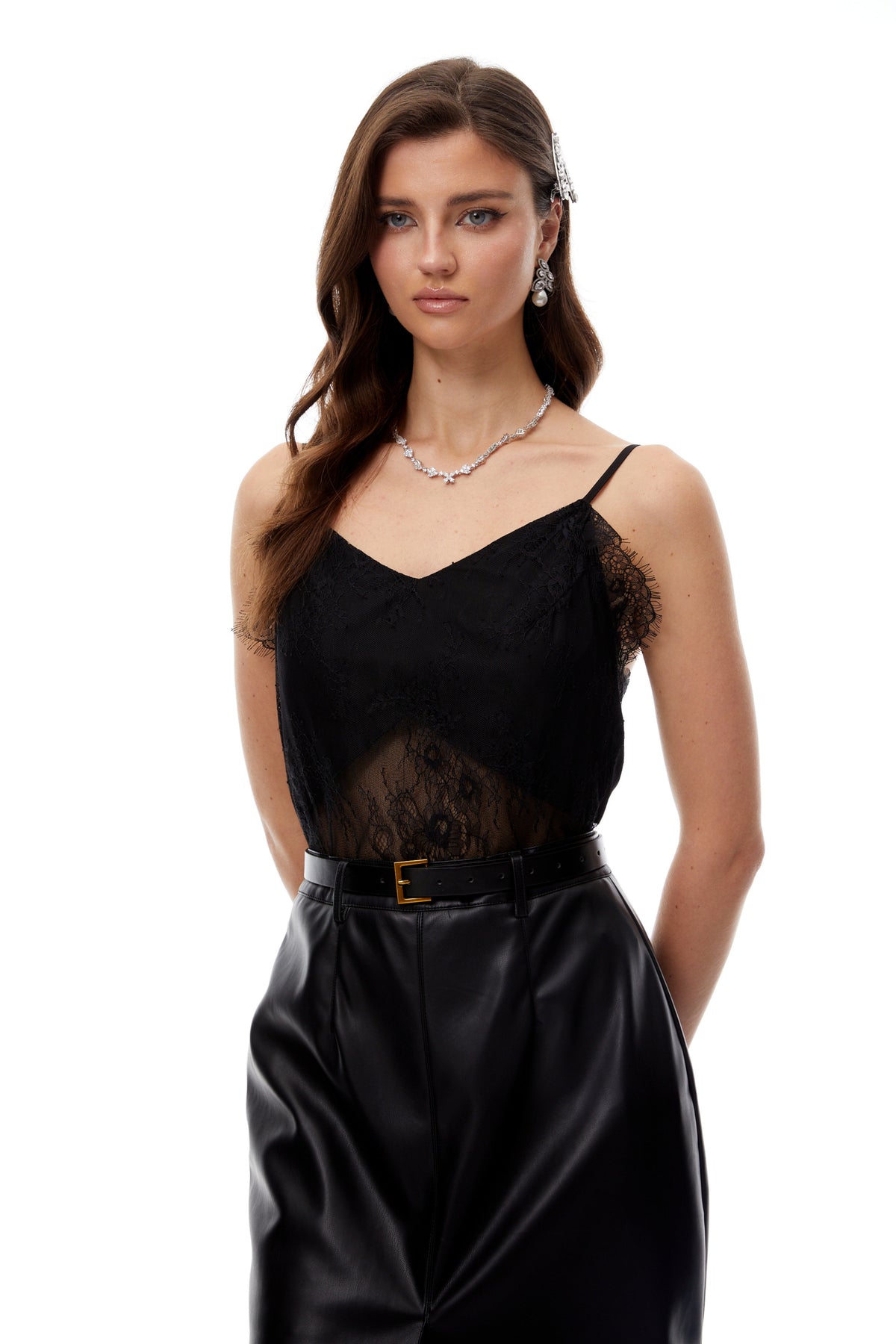 Debby Black Leather Panel Lace Midi Dress (Final Sale-US Only)