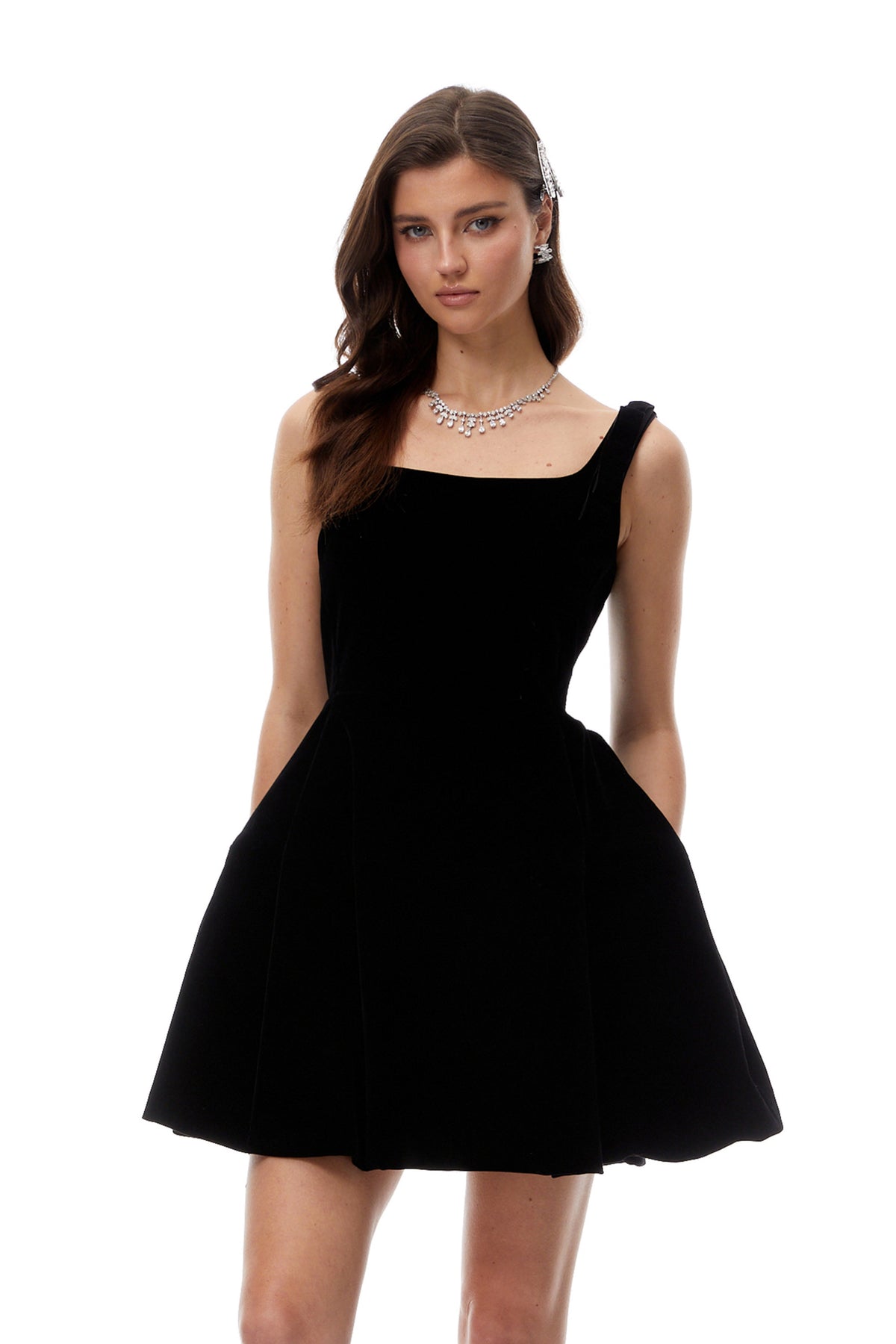 Selma Black Square Neck Velvet Mini Dress