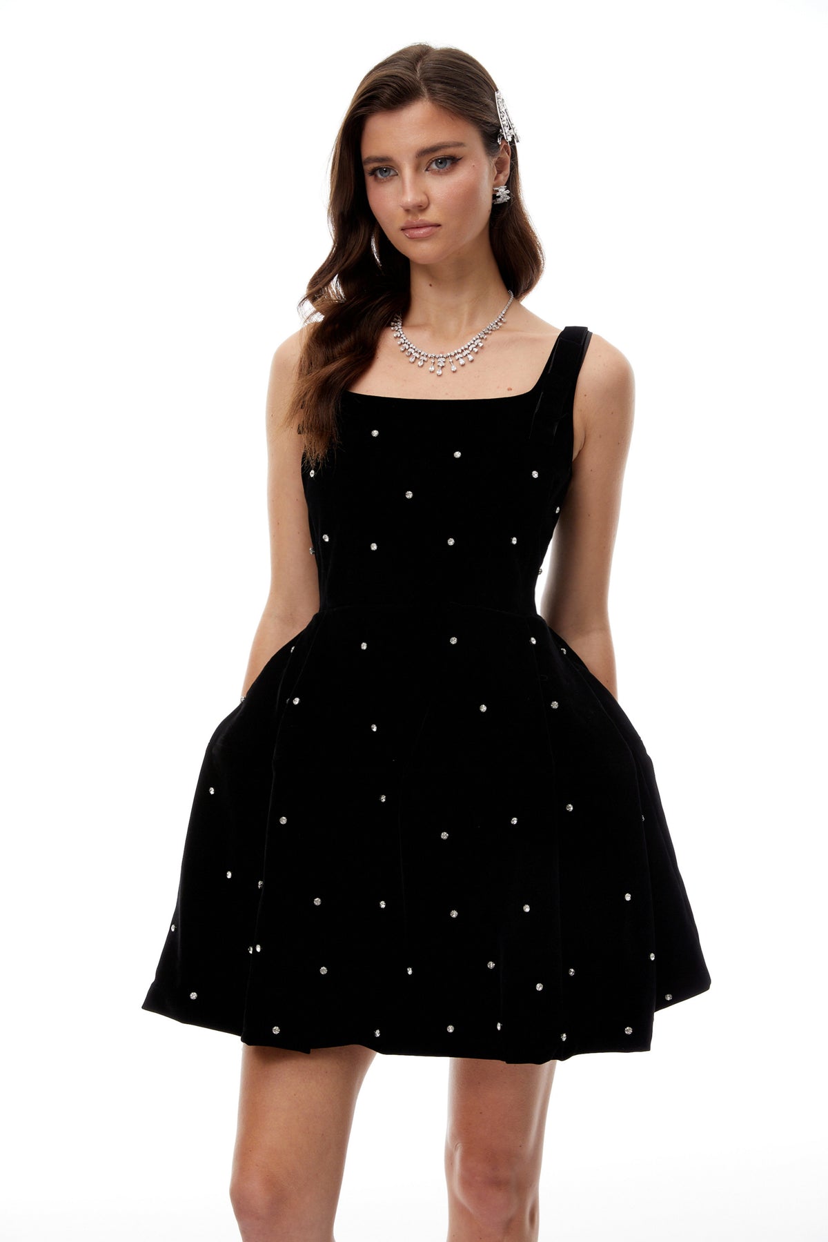 Selma Black Crystal Embellished Velvet Mini Dress