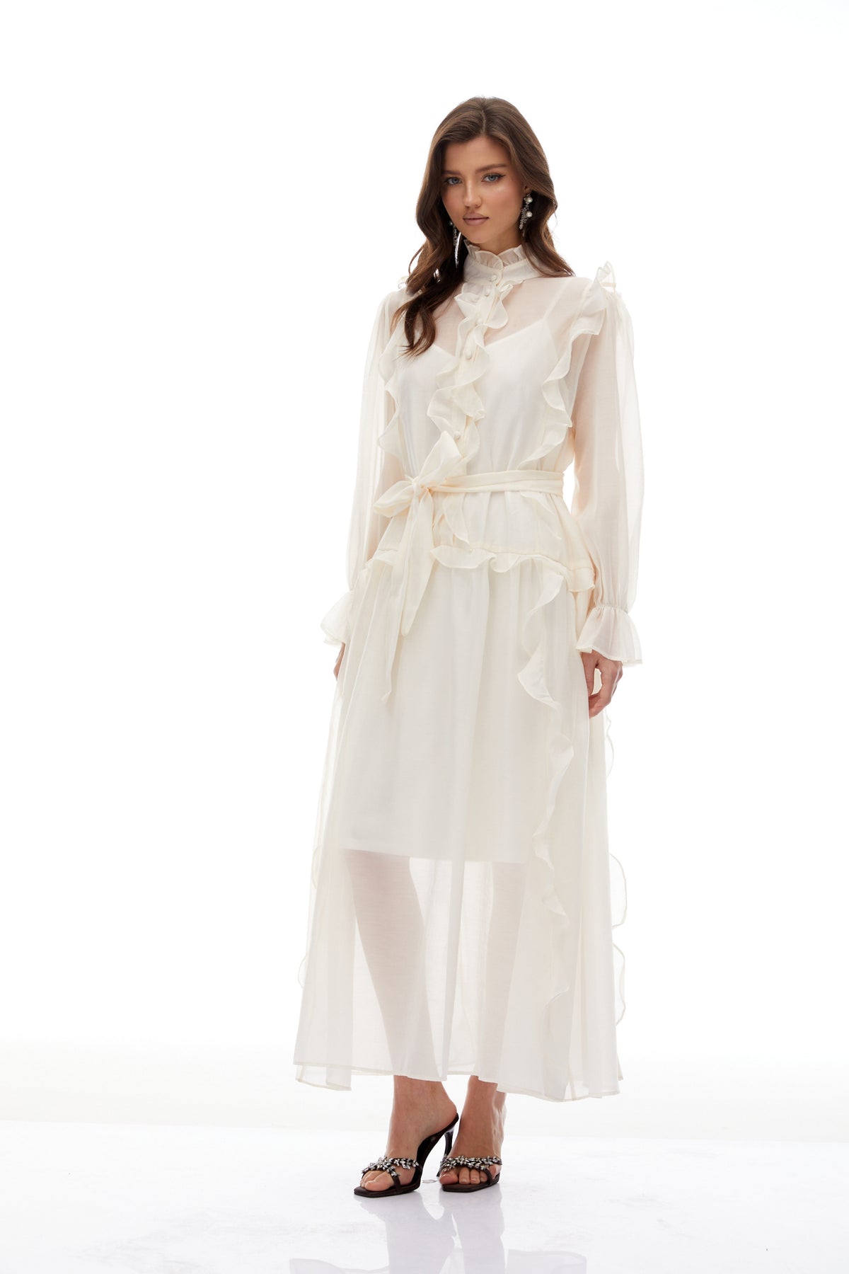 Quincie Neutral Tied Ruffled Trim Midi Dress