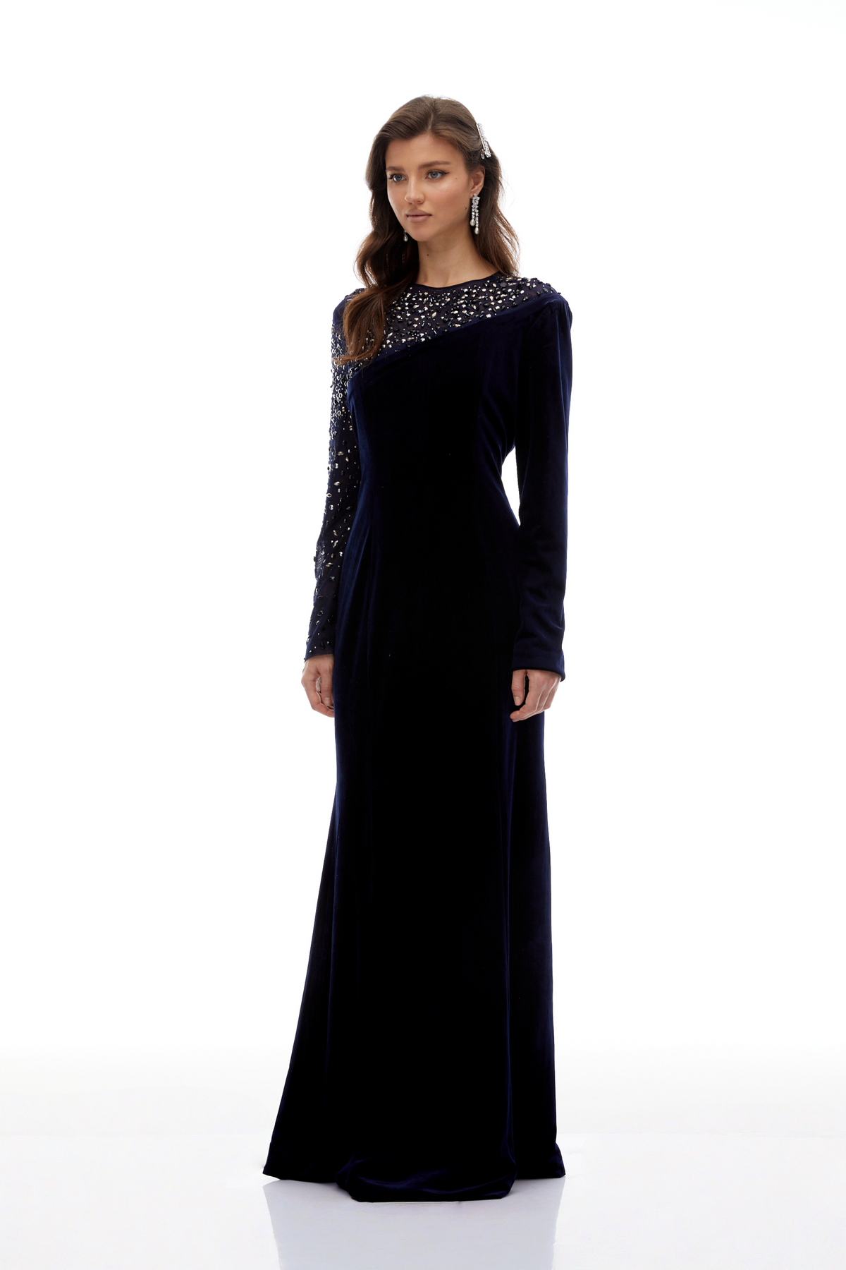 Rosemary Blue Embellished Velvet Maxi Gown(Final Sale)