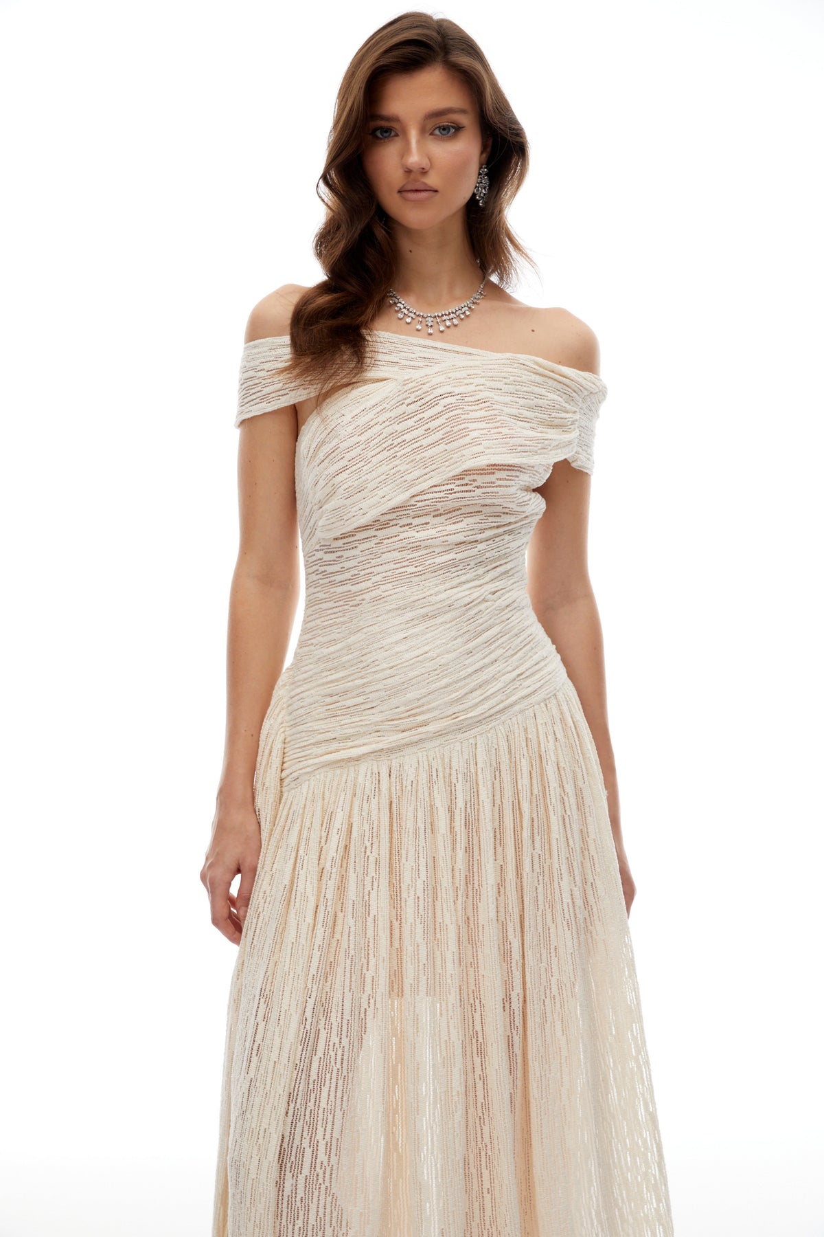 Thale Neutral Asymmetrical Textured Ruched Midi Dress