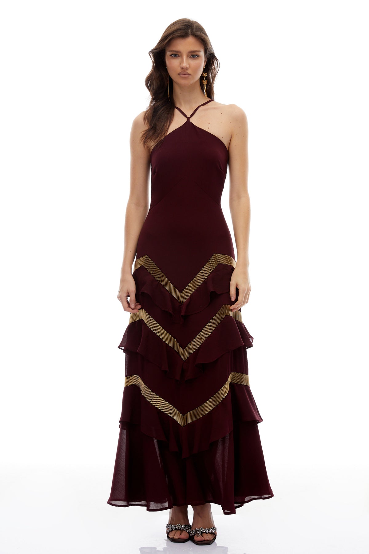 Zénaïde Burgundy Halterneck Ruffled Tiered Maxi Dress