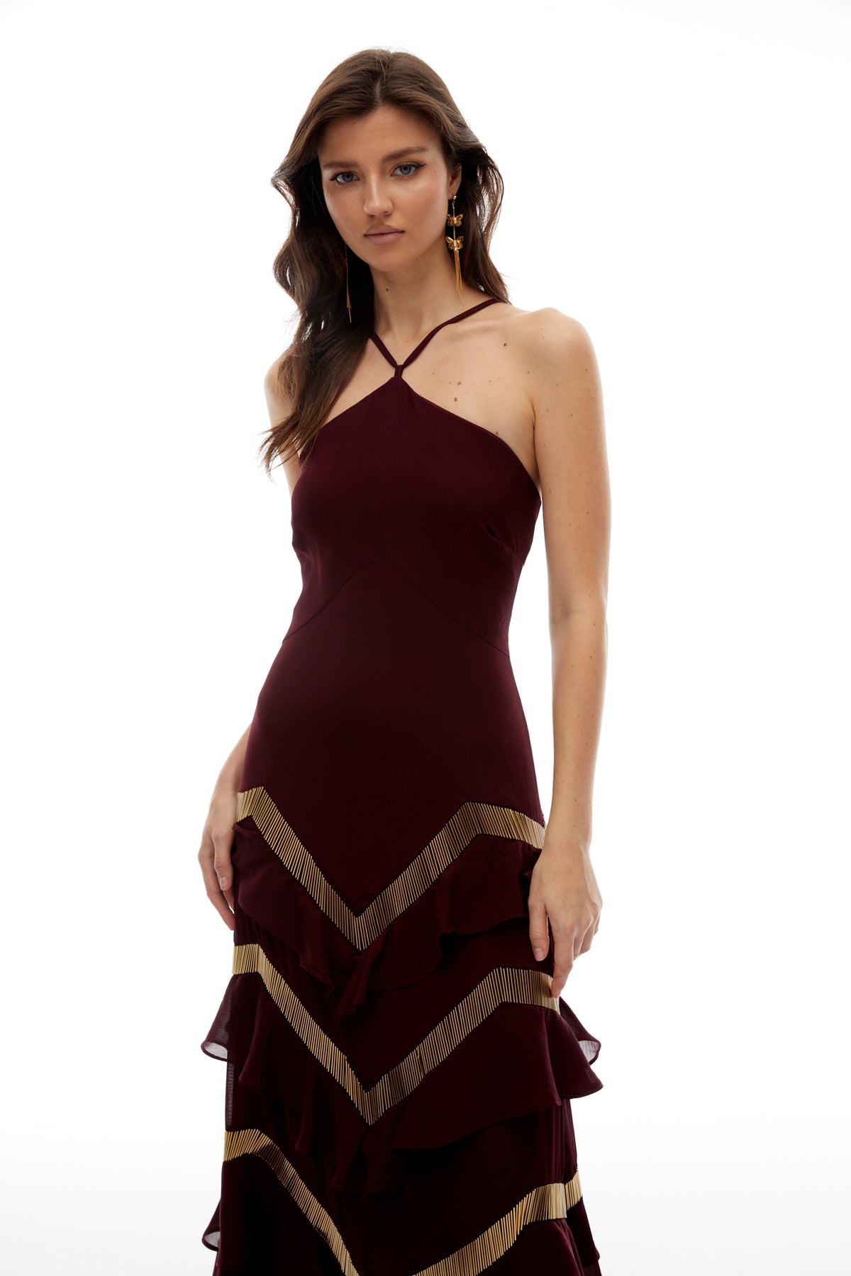Zénaïde Burgundy Halterneck Ruffled Tiered Maxi Dress