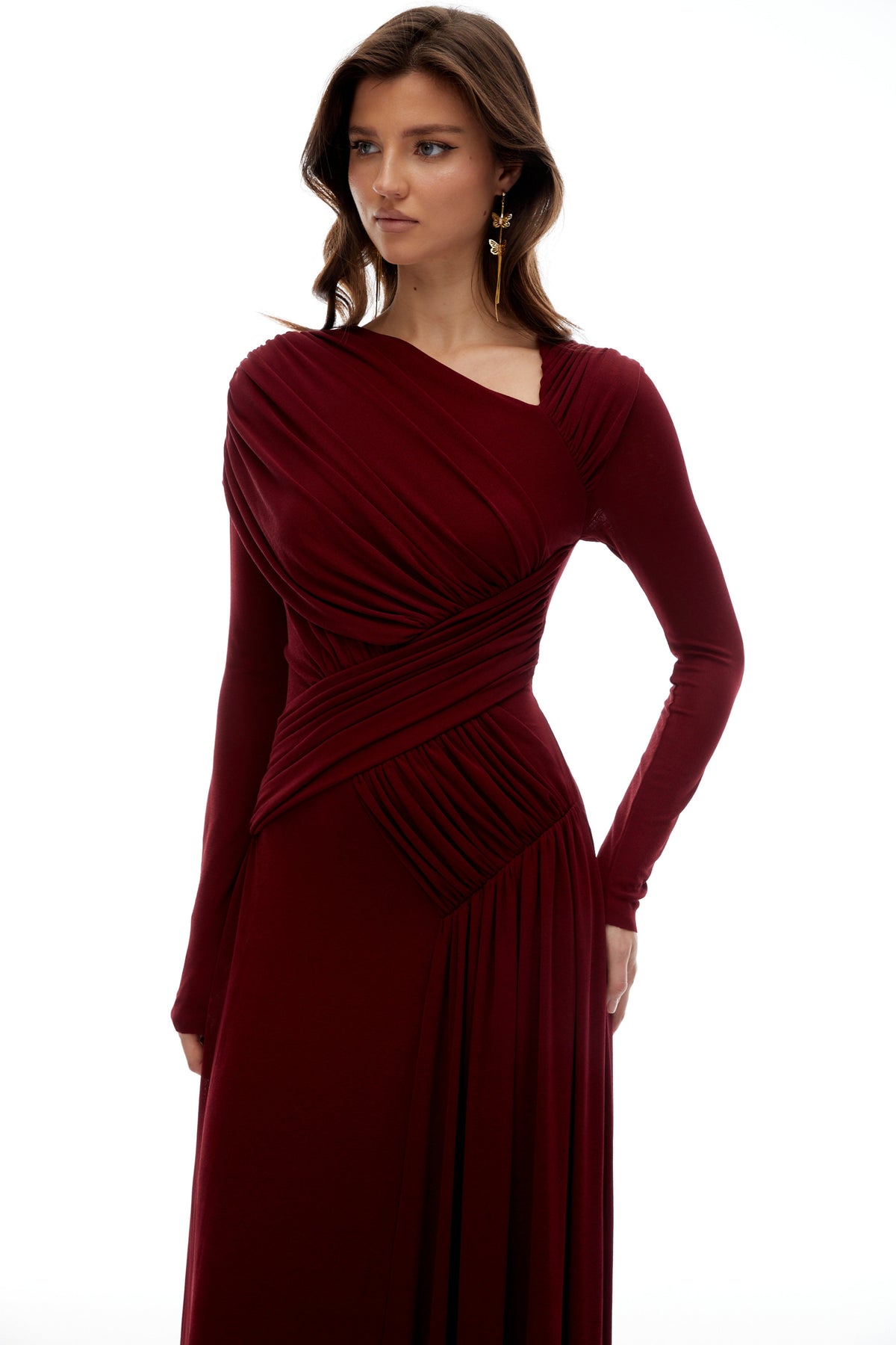 Beatriz Burgundy Asymmetrical Gathered Maxi Dress (Final Sale)