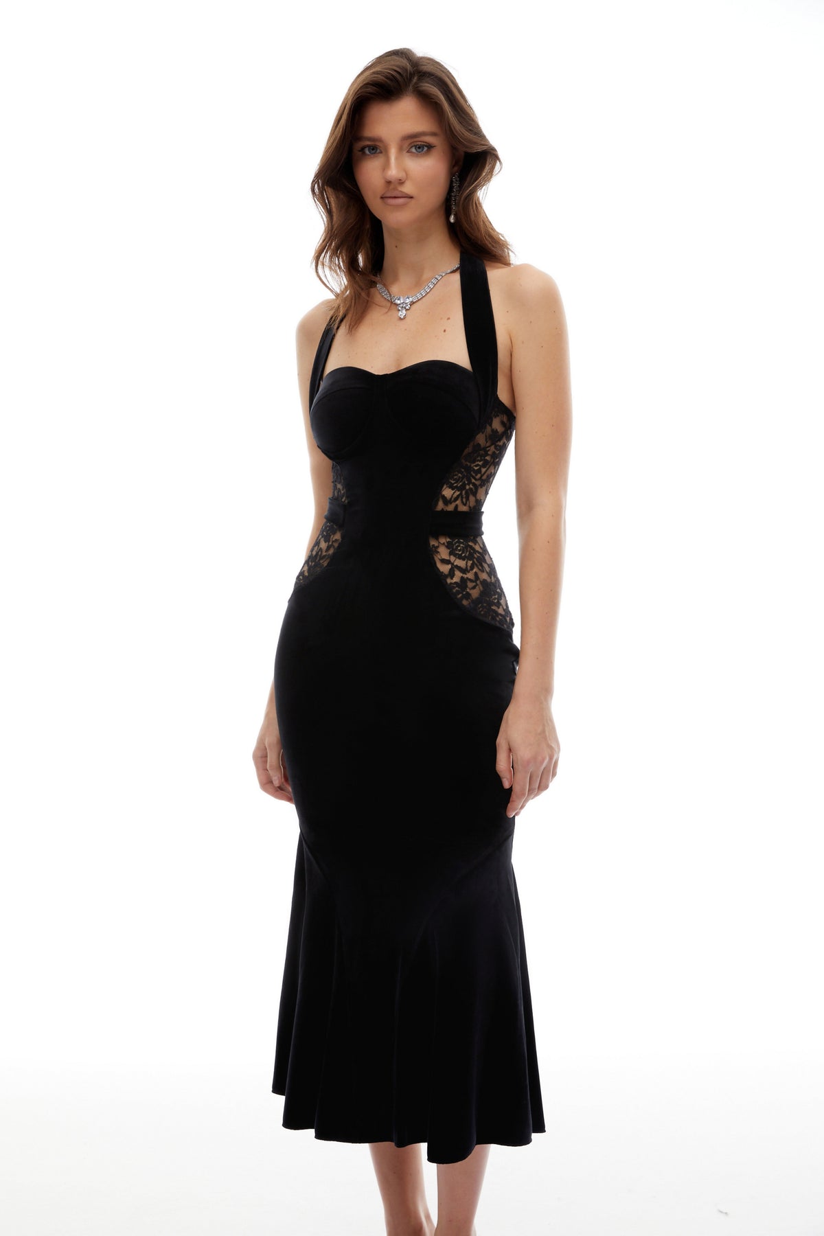 Tove Black Lace Panel Velvet Midi Dress (Final Sale-US Only)