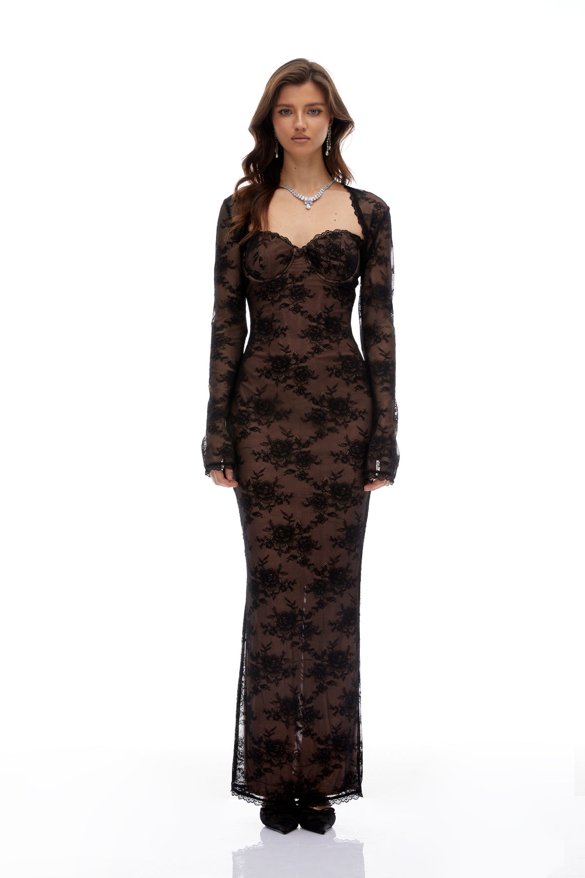 Freya Black Floral Lace Ruched Maxi Dress (Final Sale)
