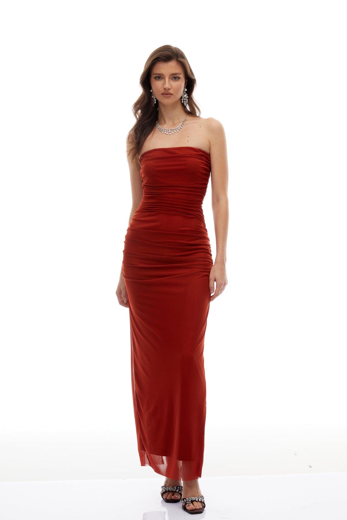 Hannah Red Sheer Shrug & Ruched Dress Set