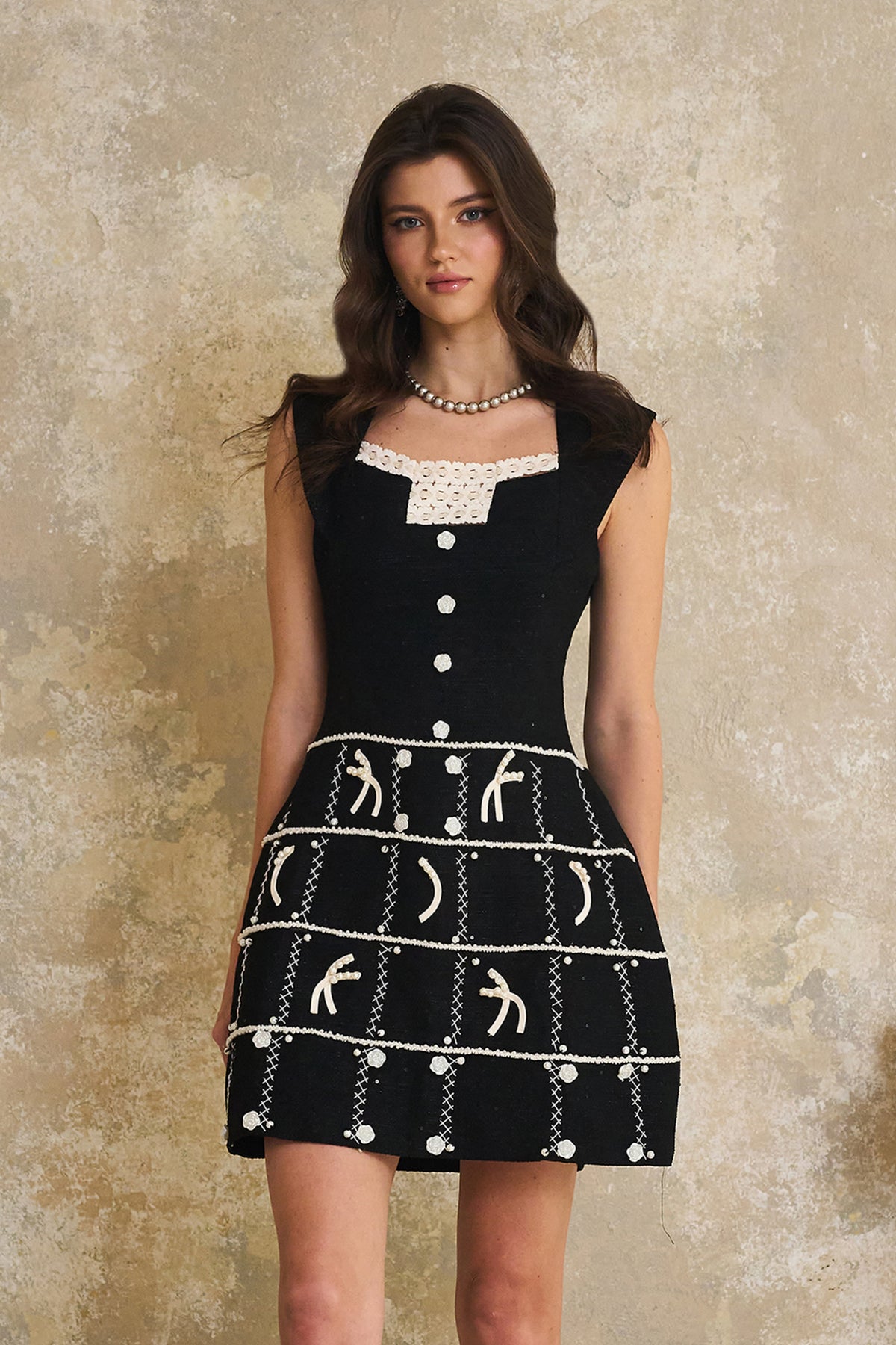 Gelsomina Black Appliqué Detail Tweed Jacket & Dress Set