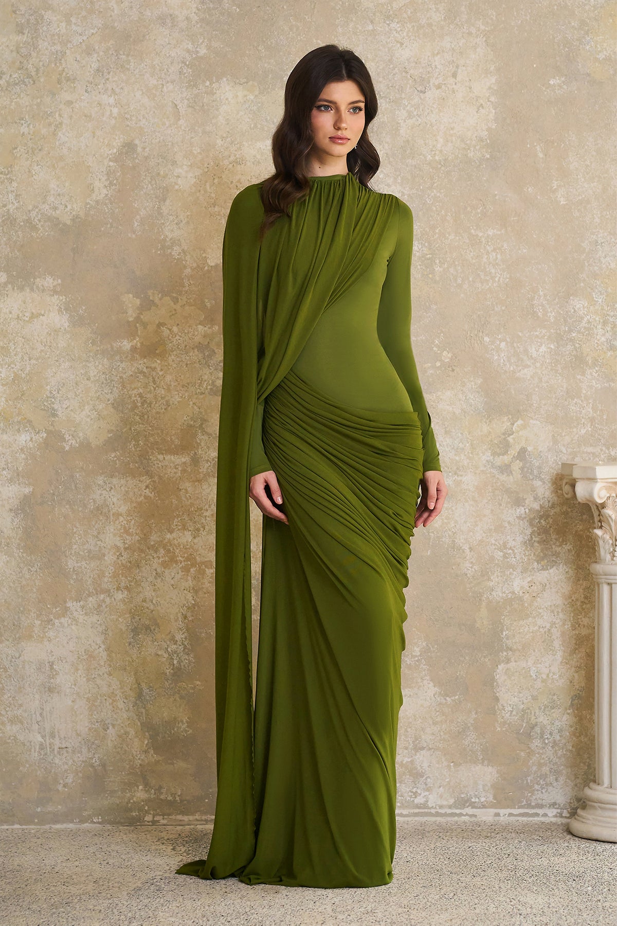 Emilia Green Asymmetrical Ribbon Draped Maxi Dress