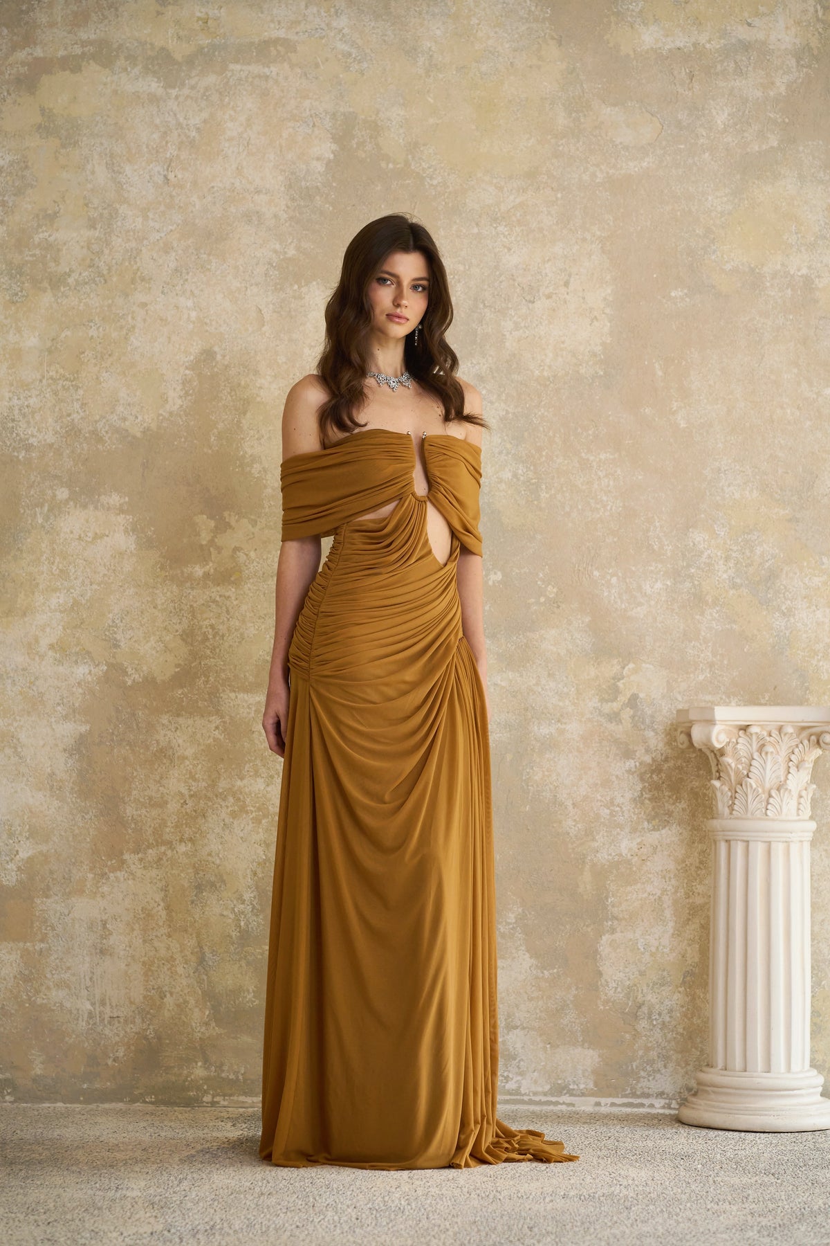 Ludivine Ocher Off-shoulder Cut-out Ruched Maxi Dress