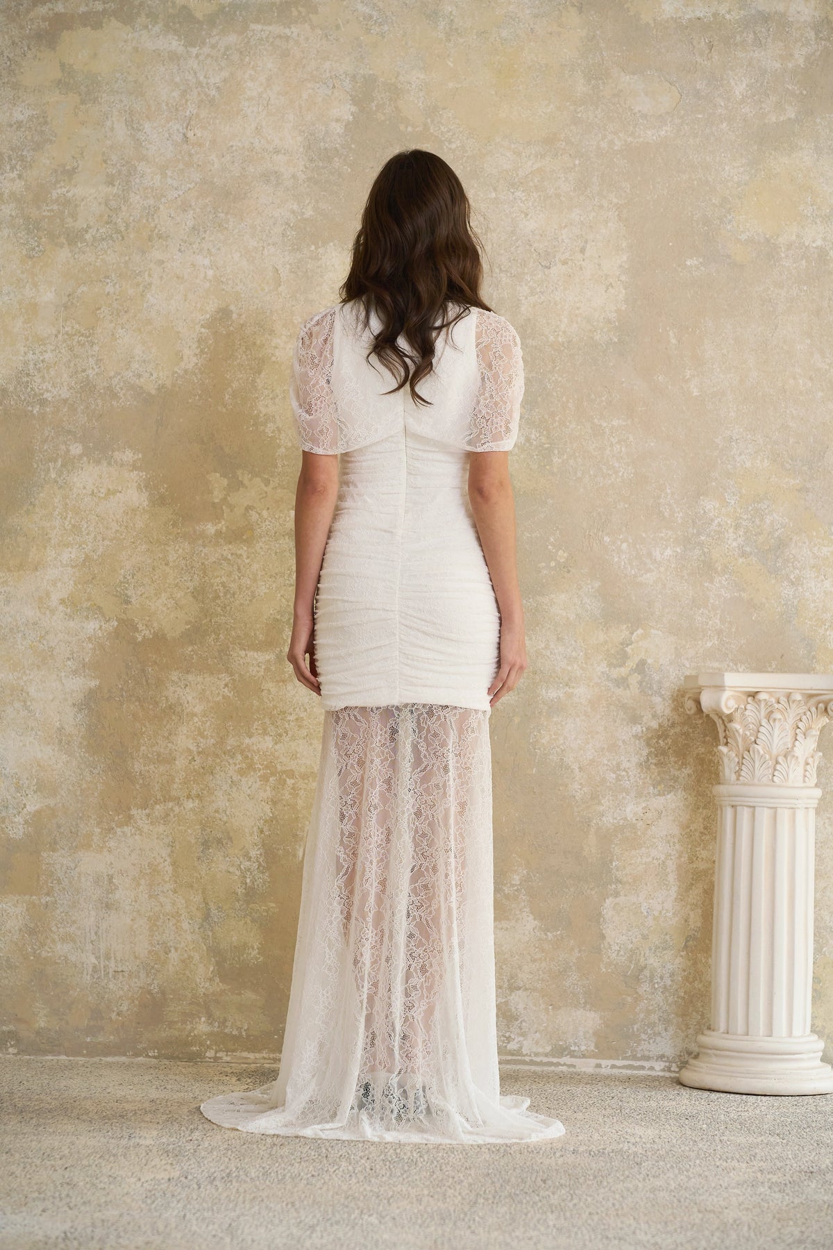 Sylphe White Asymmetrical Ruched Mesh Maxi Dress