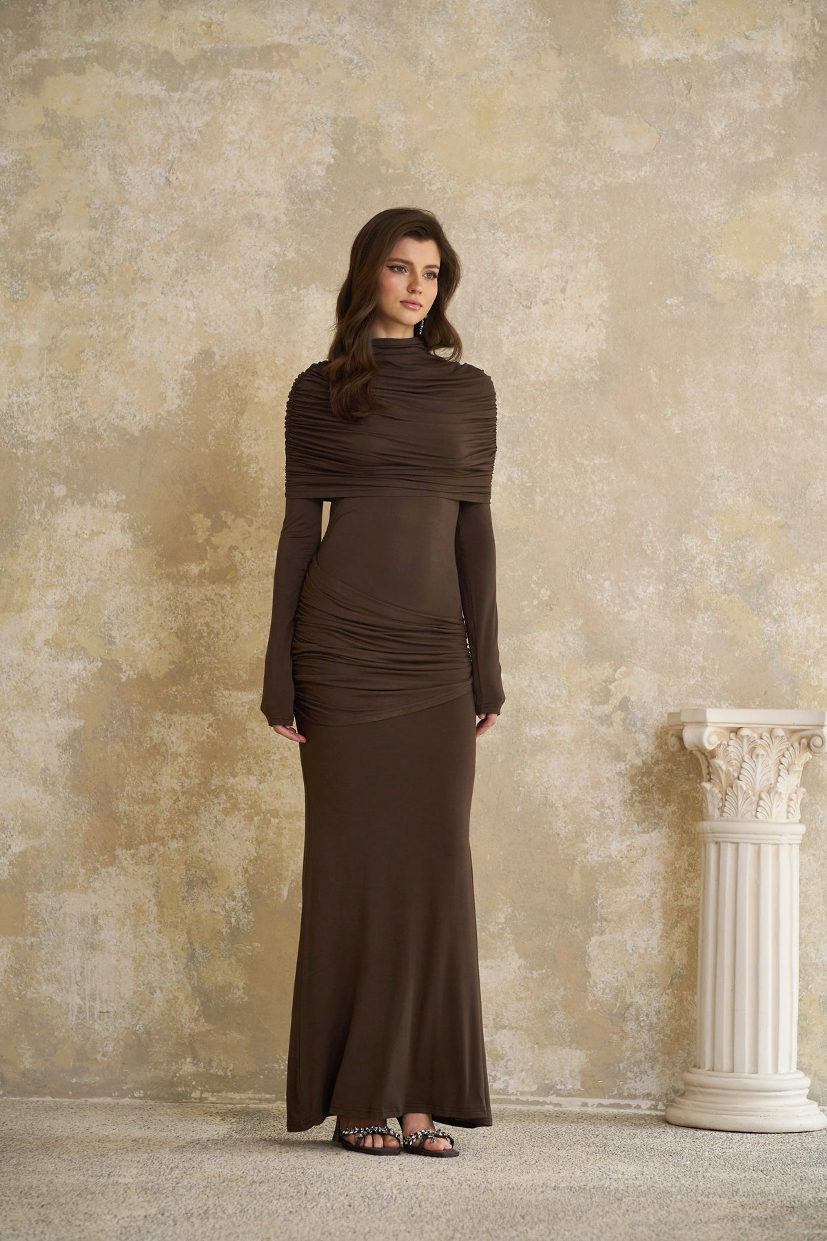 Éléna Brown Cape Design Ruched Maxi Dress
