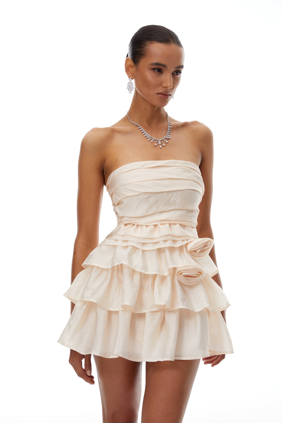 Vilja Neutral Ruffled Detail Tiered Mini Dress (Final Sale)