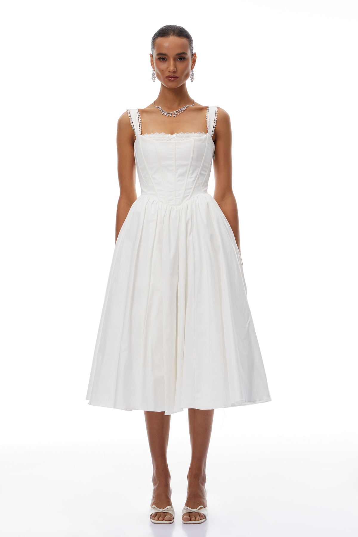 Béatrice White Lace Trim Corset Midi Dress