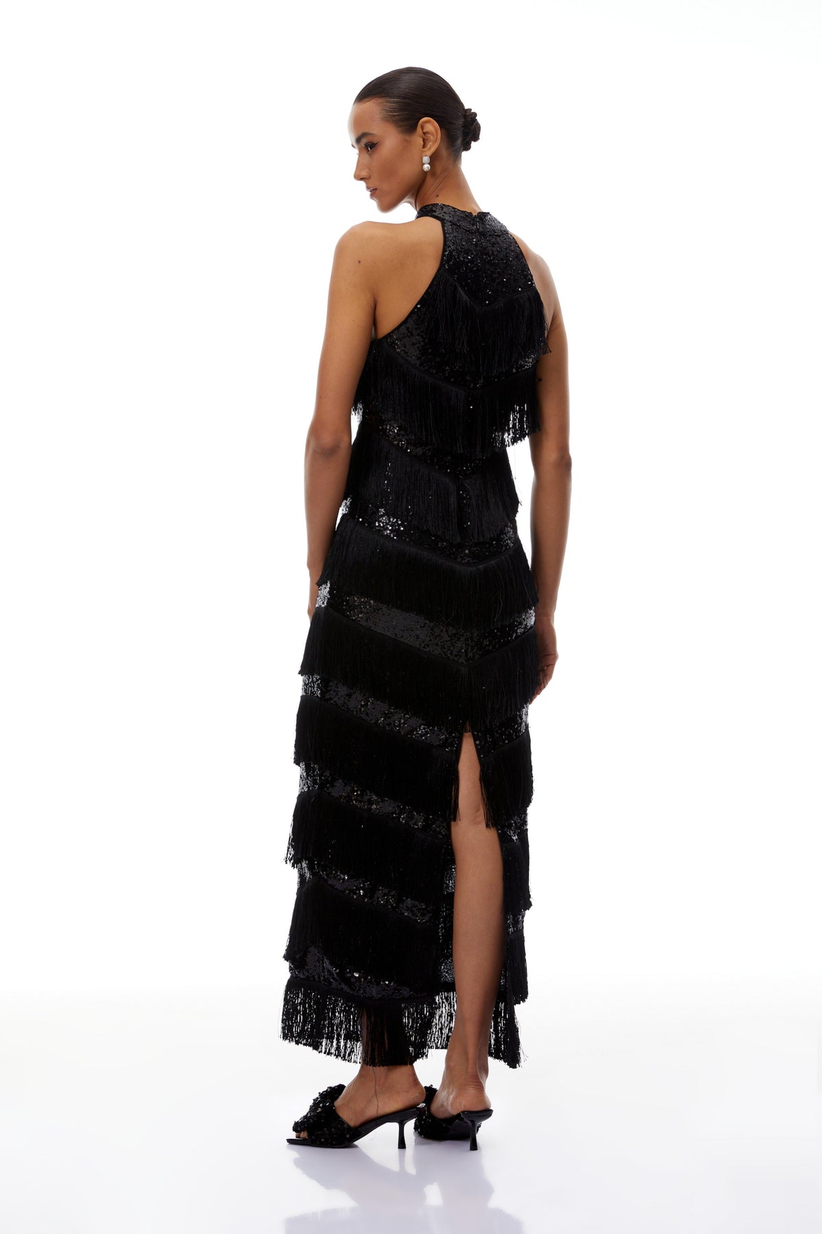 Bridget Black Halterneck Fringed Maxi Dress