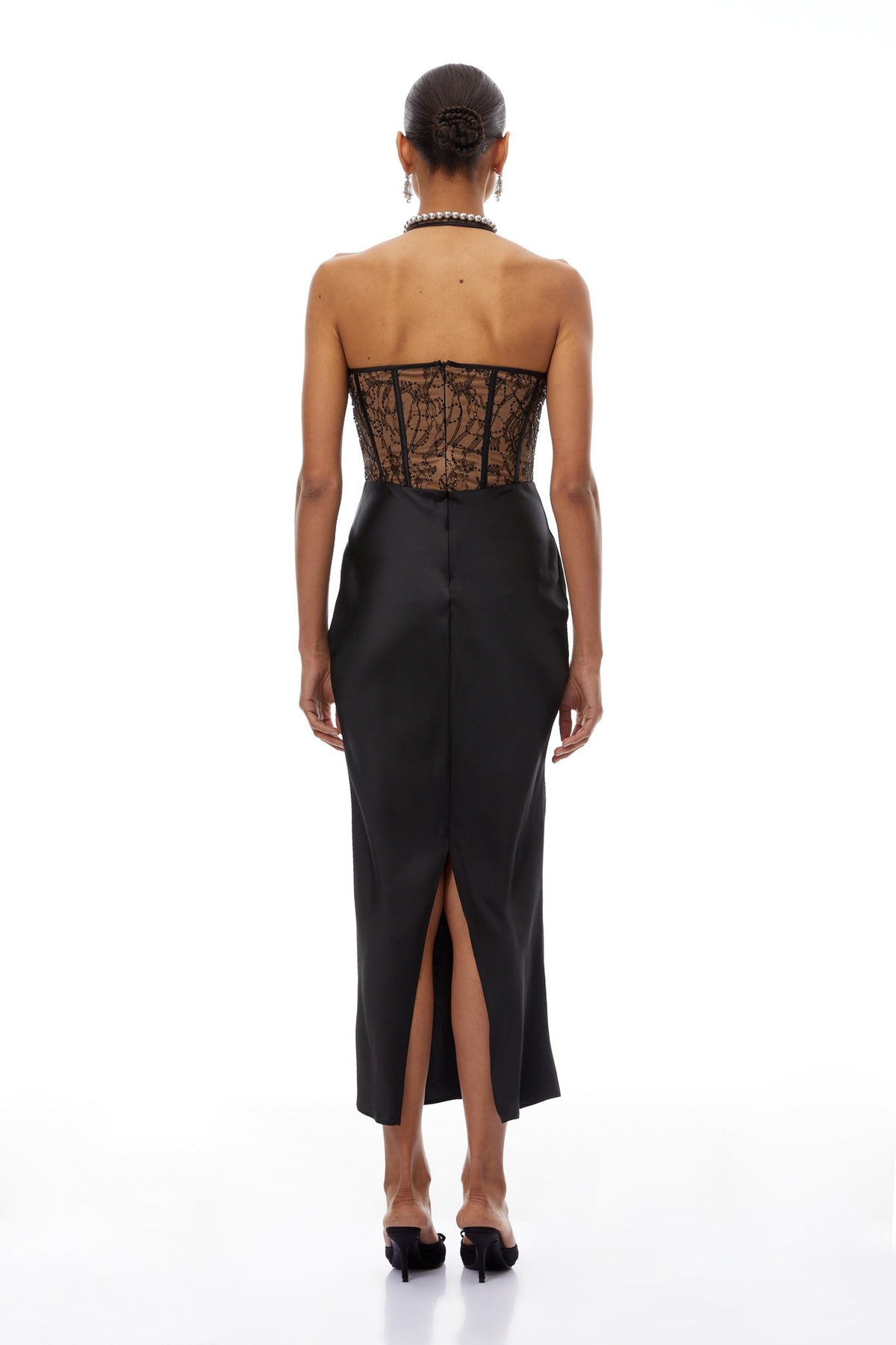 Lucie Black Lace Panel Satin Midi Dress (Final Sale-US Only)