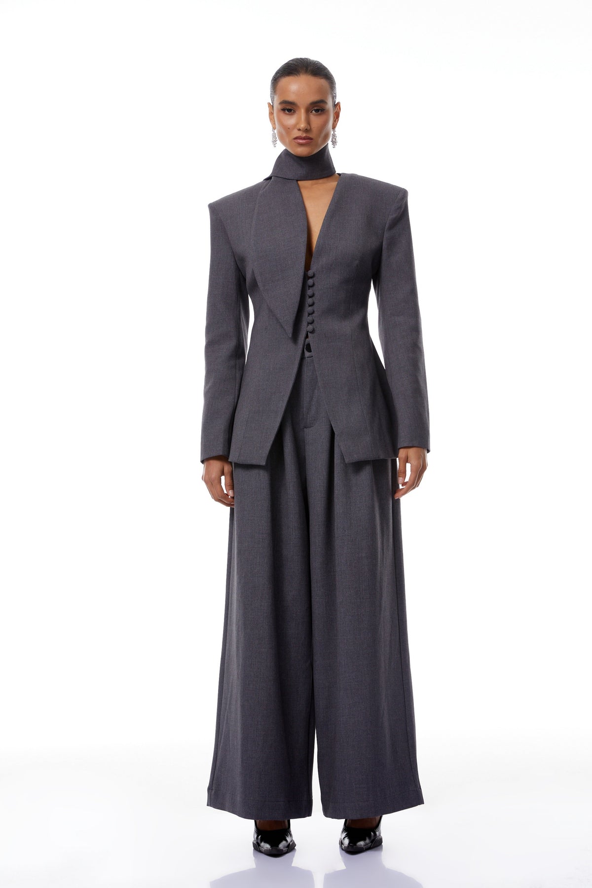 Neve Grey V-Neck Tailored Blazer