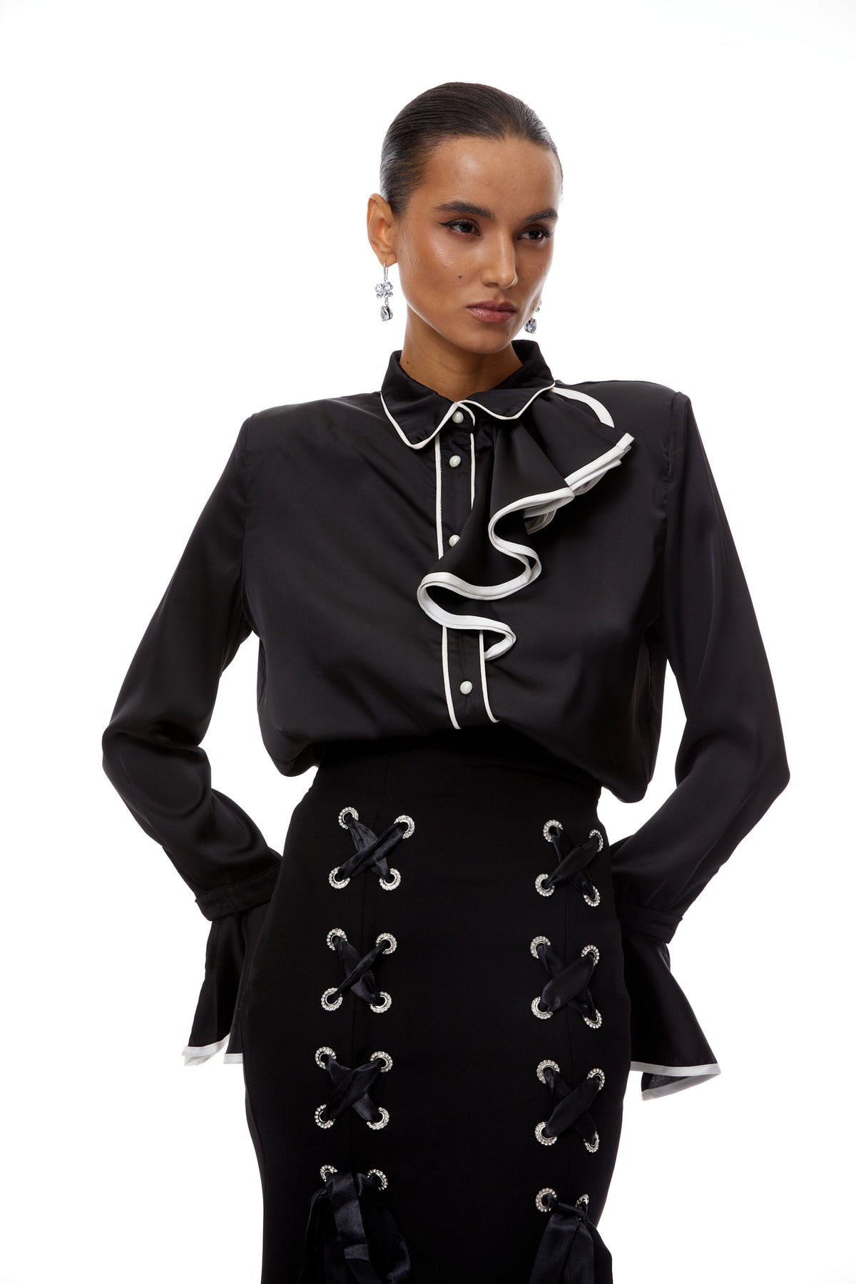 Cornelia Black Ruffled Blouse & Lace Up Skirt Set