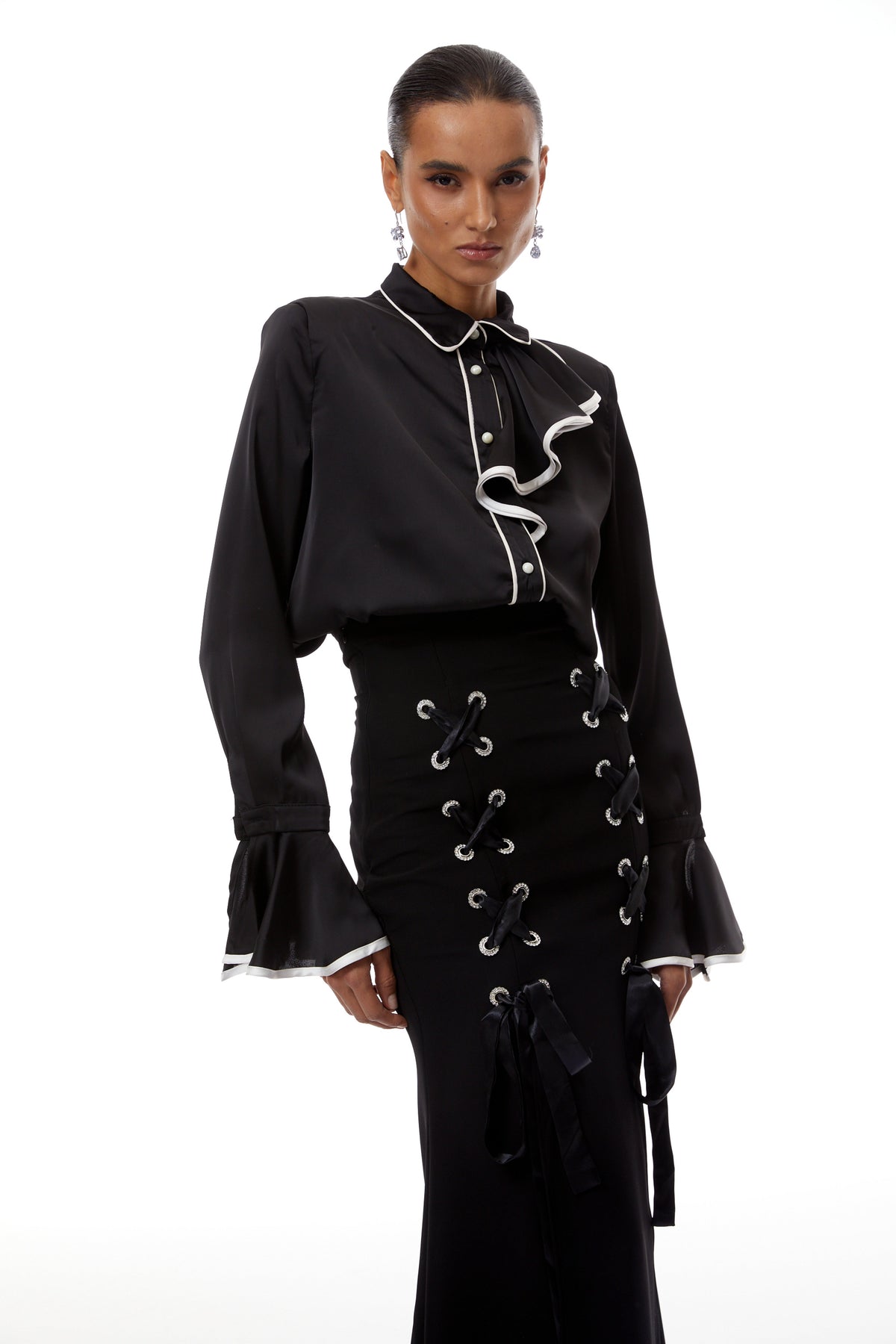 Cornelia Black Ruffled Blouse & Lace Up Skirt Set