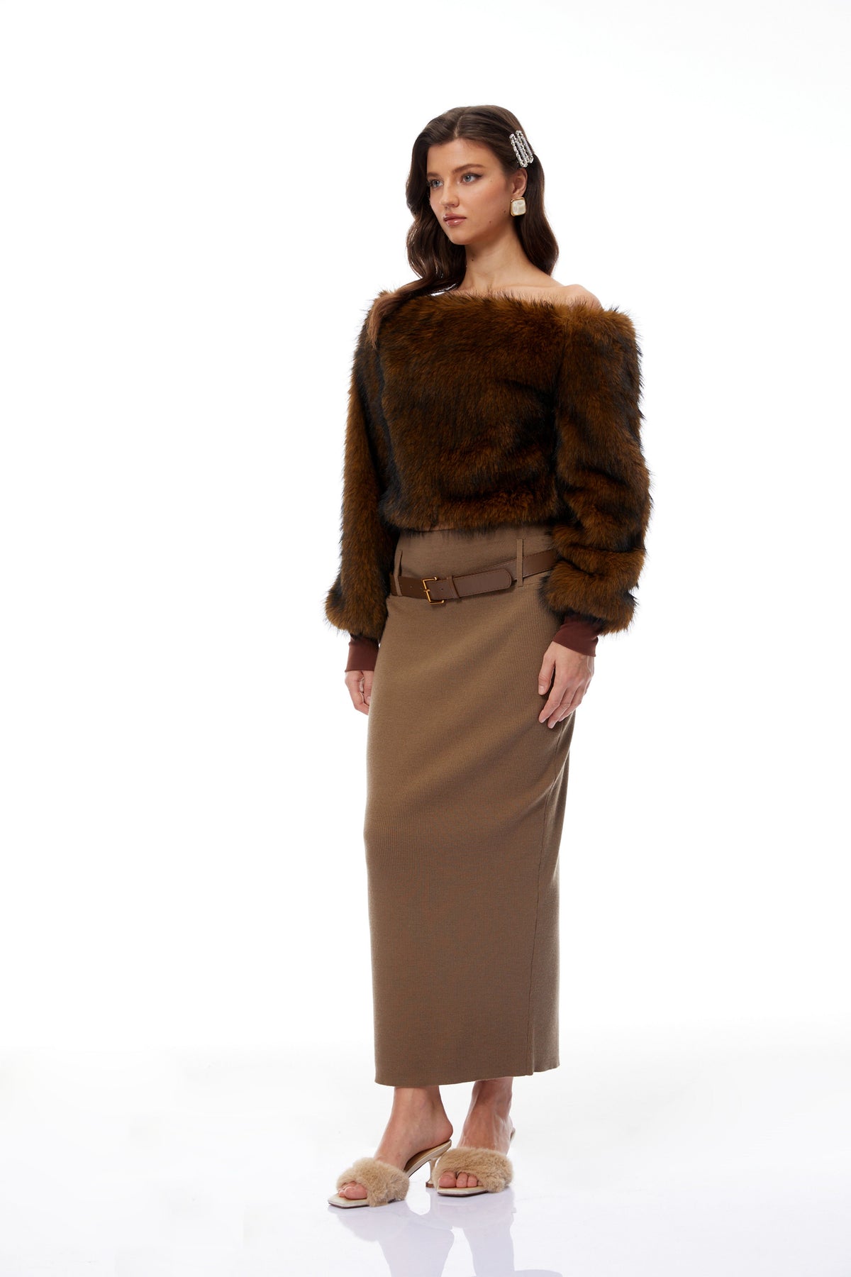 Sergia Brown One Shoulder Faux Fur Blouse (Final Sale)