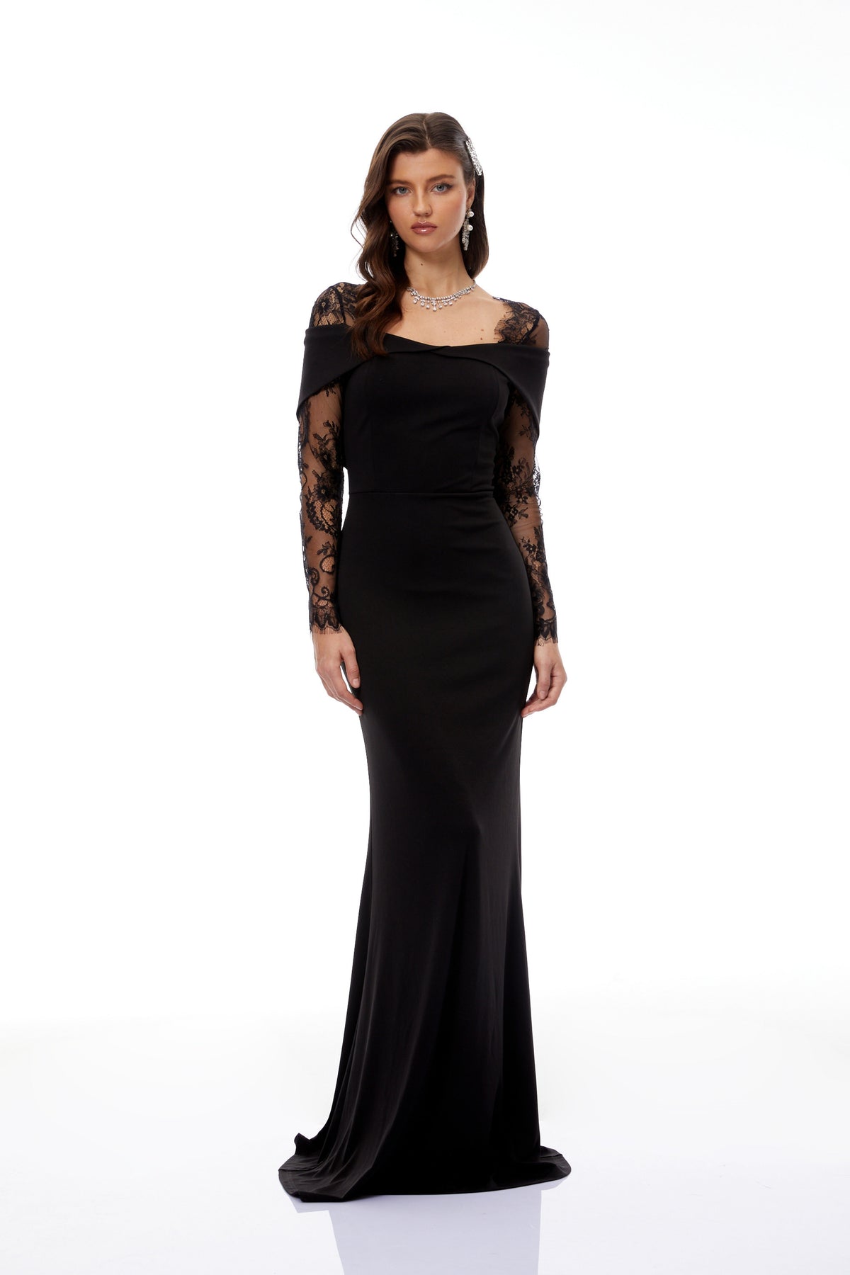 Georgiana Black Lace Panel Flared Maxi Gown