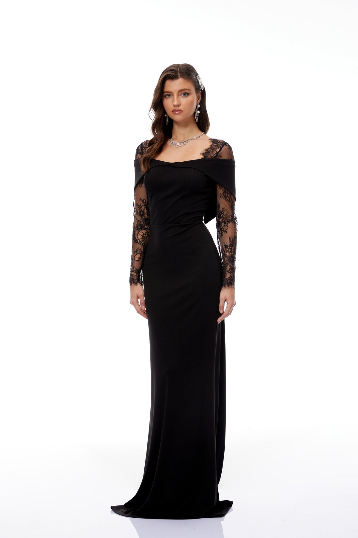 Georgiana Black Lace Panel Flared Maxi Gown