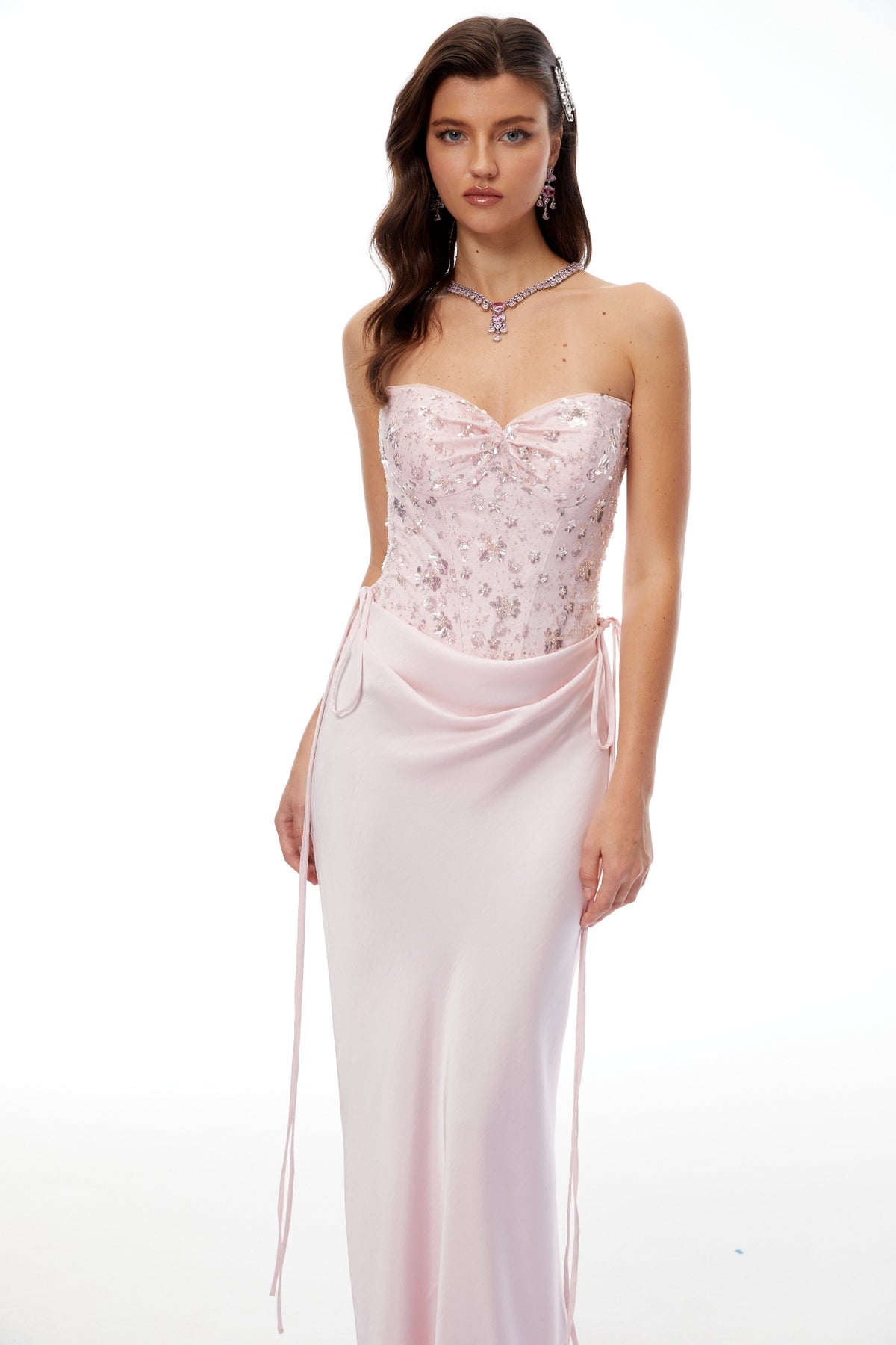 Teodora Pink Corseted Bodysuit & Satin Skirt Set