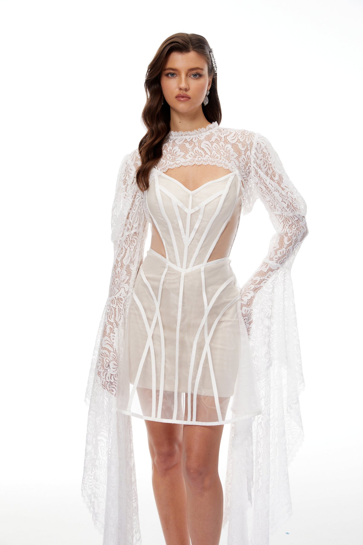Ilaria White Lace Shrug & Linear Organza Dress Set (Final Sale-US Only)
