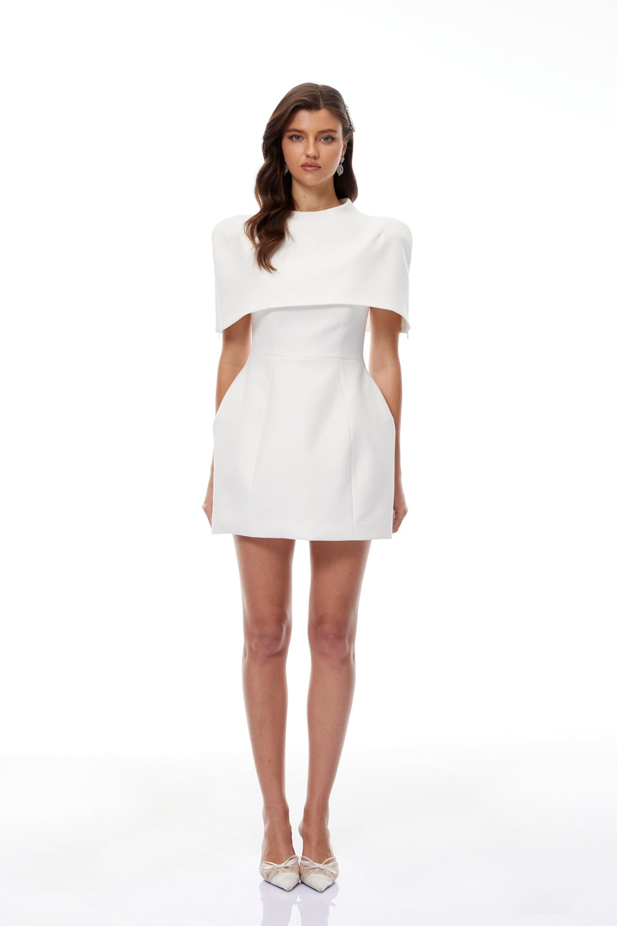 Kristveig White Cape Design Structured Mini Dress