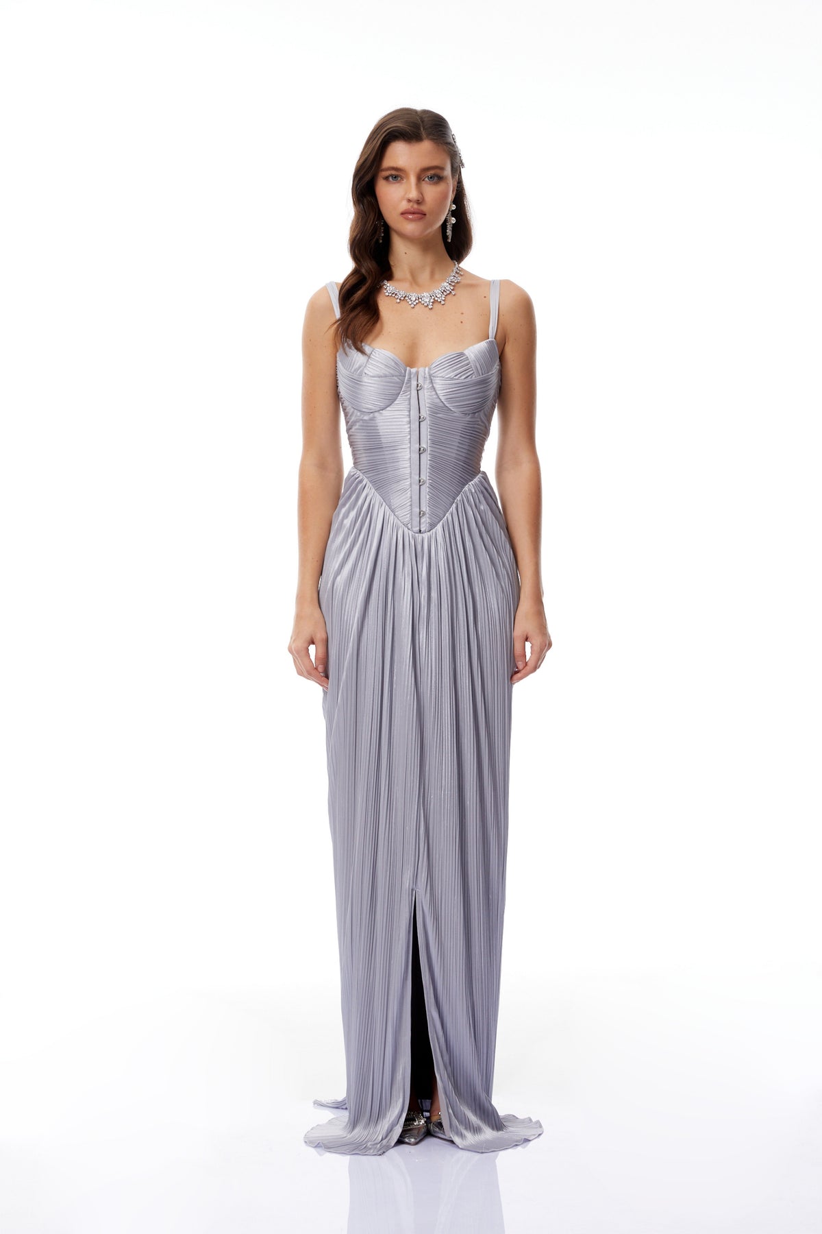 Nicoletta Silver Glossy Pleated Corset Maxi Dress