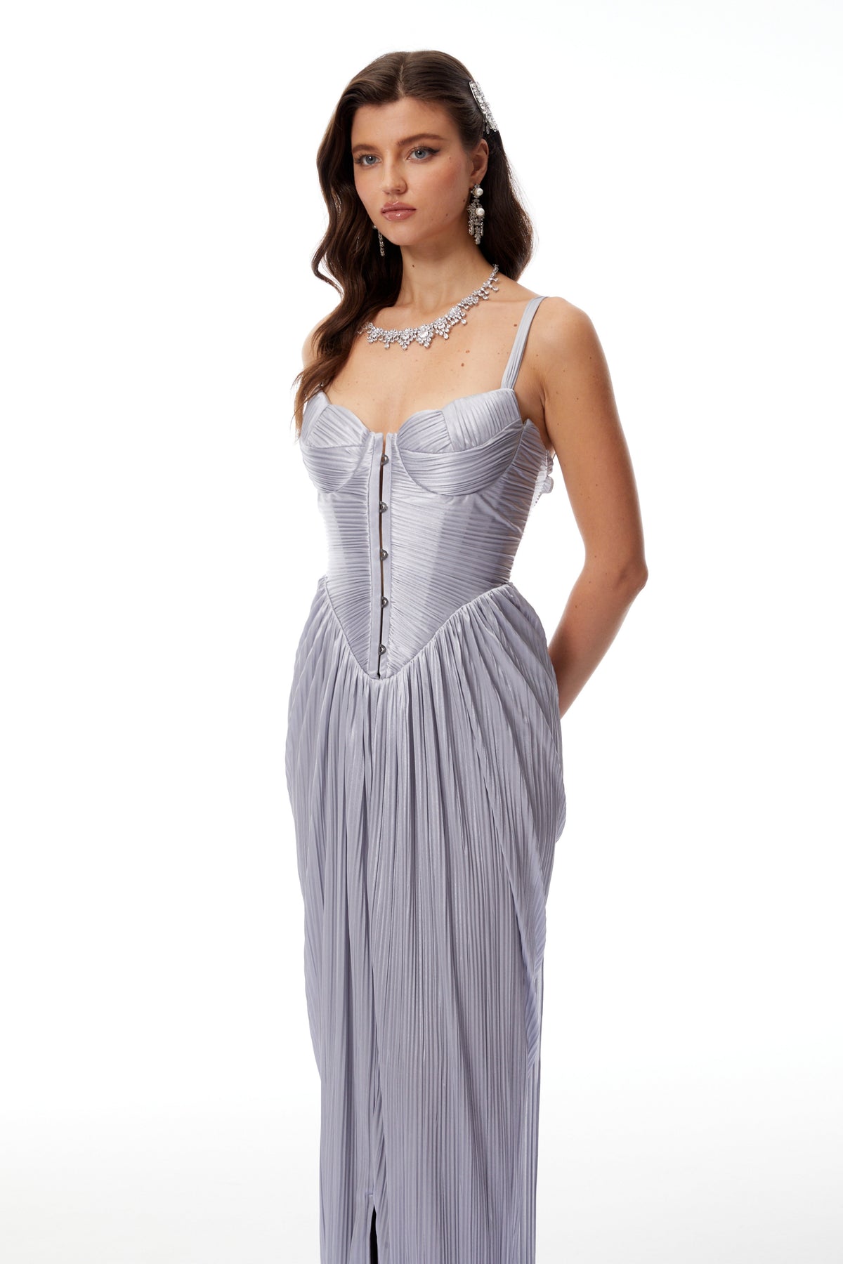 Nicoletta Silver Glossy Pleated Corset Maxi Dress