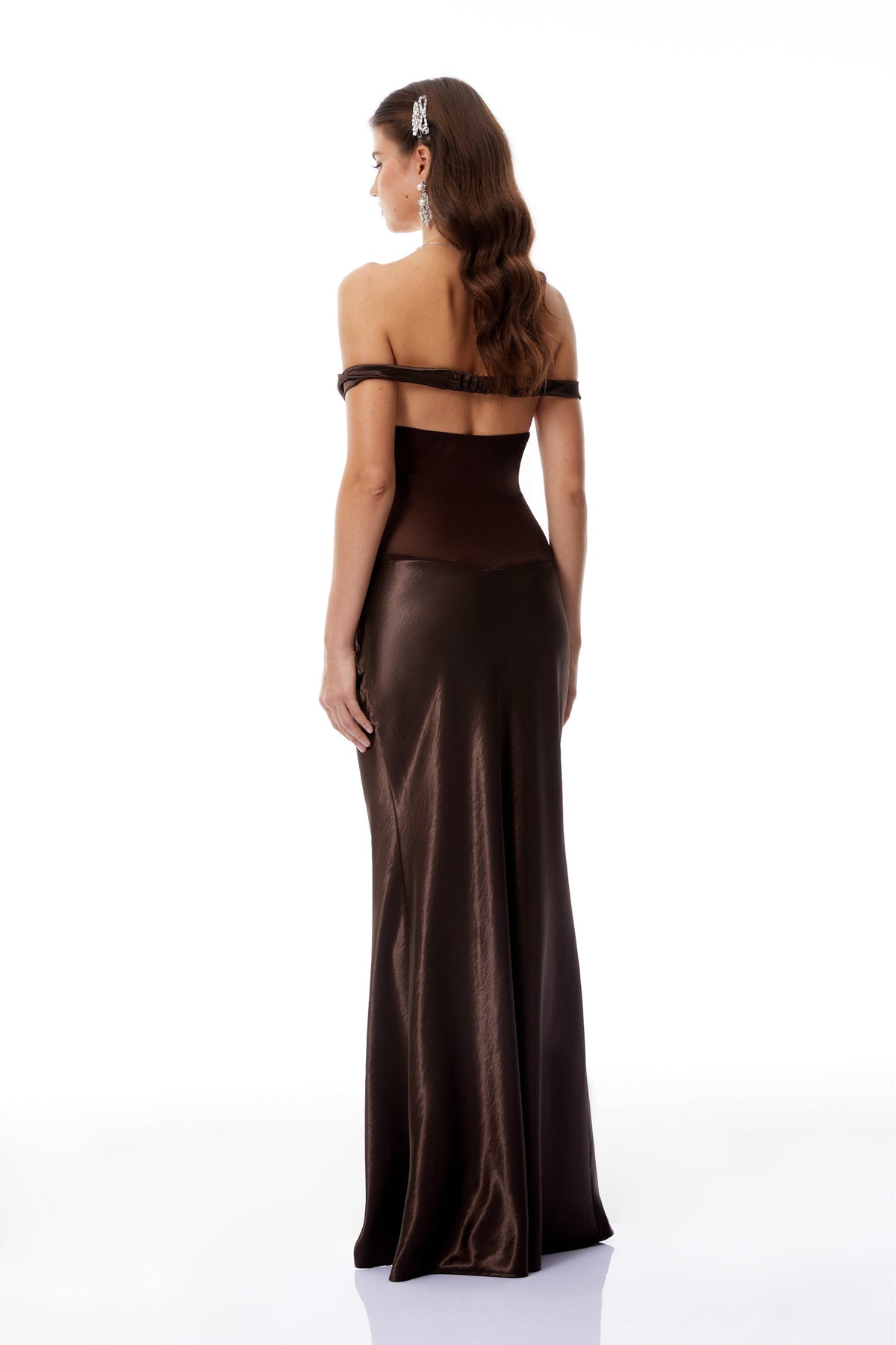Gitta Brown Off Shoulder Satin Maxi Gown (Final Sale-US Only)
