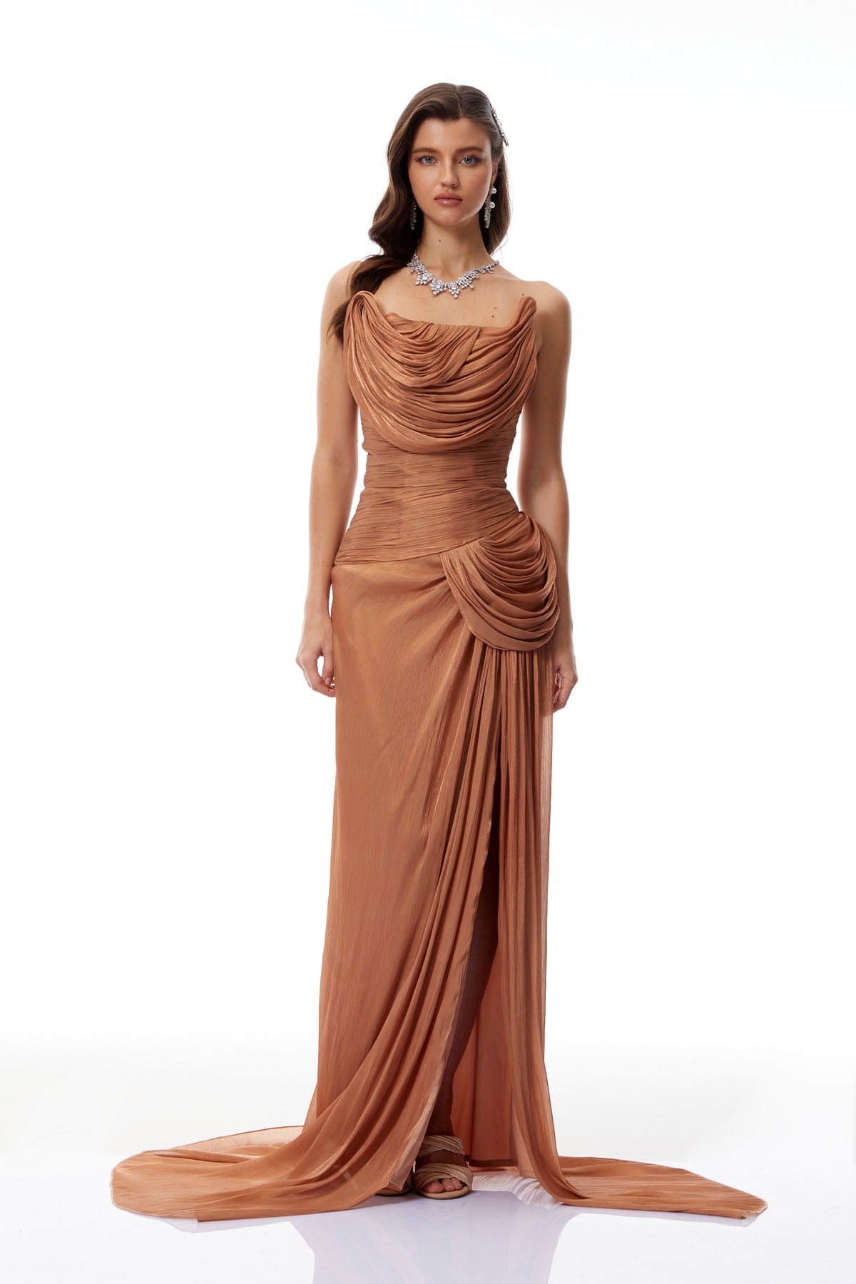 Gelsomina Gold Asymmetrical Glossy Gathered Maxi Dress(Final Sale-US Only)