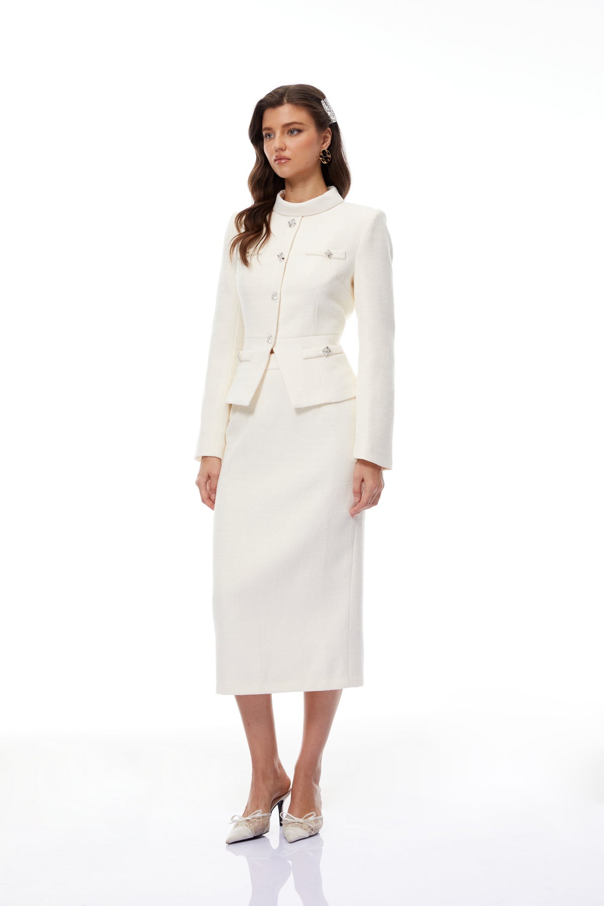 Regina White Crystal Embellished Tweed Jacket & Skirt Set