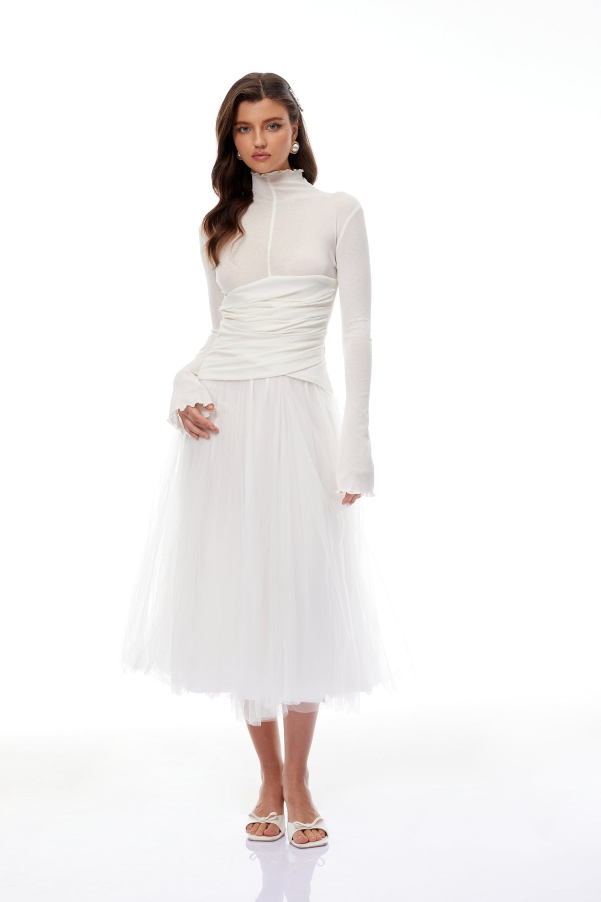 Lark White Tulle Panel Knit Midi Dress (Final Sale-US Only)