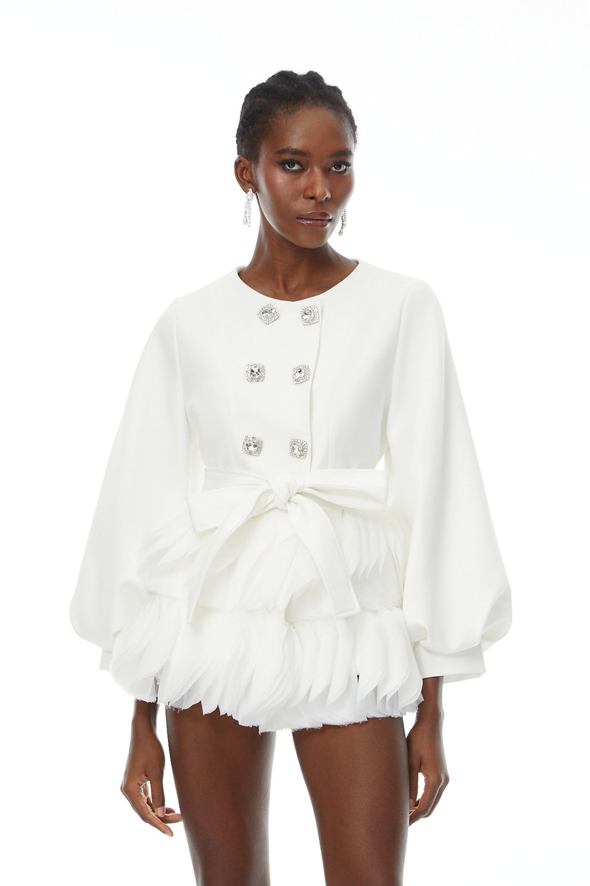 Giulia White Belted Ruffled Panel Mini Dress