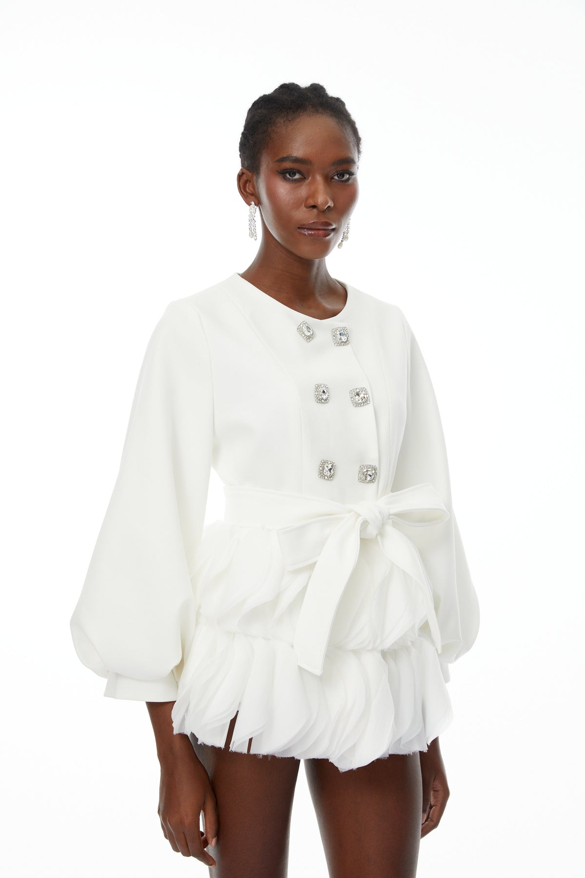 Giulia White Belted Ruffled Panel Mini Dress