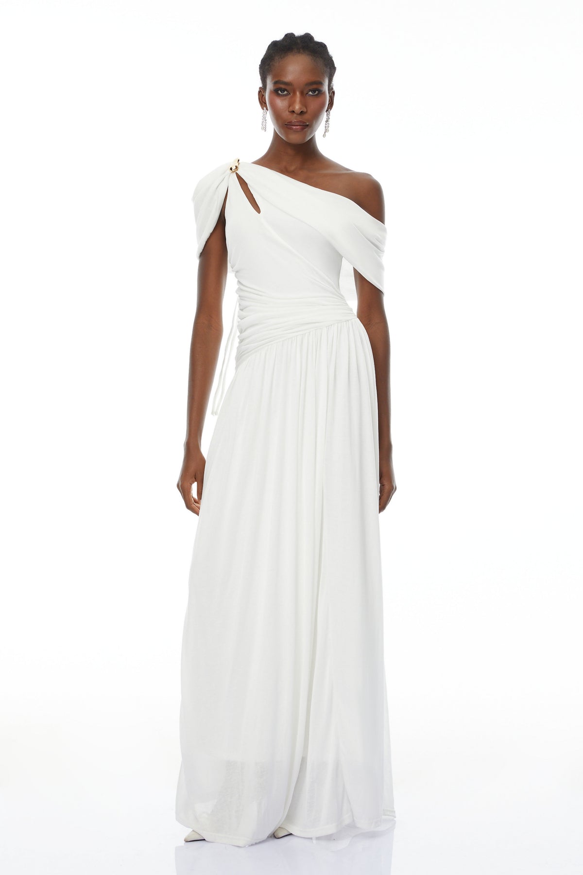 Sigrun White Asymmetrical Gathered Maxi Dress (Final Sale-US Only)