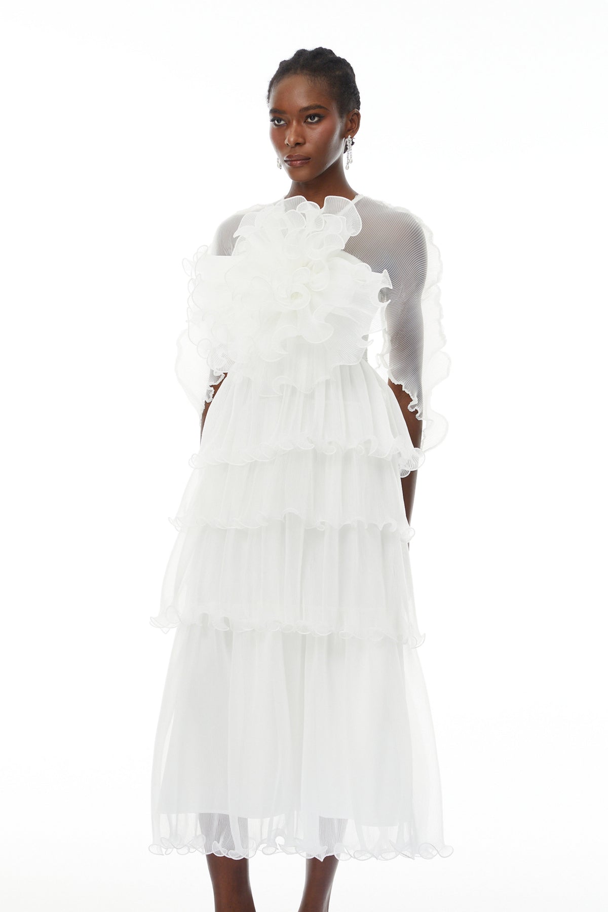 Simona White Floral Ruffled Tiered Midi Dress (Final Sale)