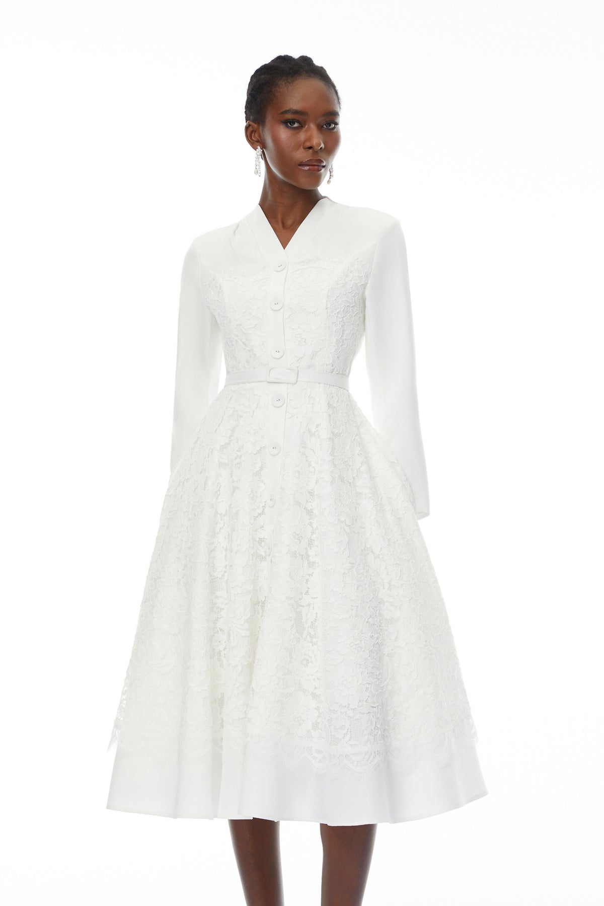 Giuseppin White V-Neck Lace Panel Midi Dress