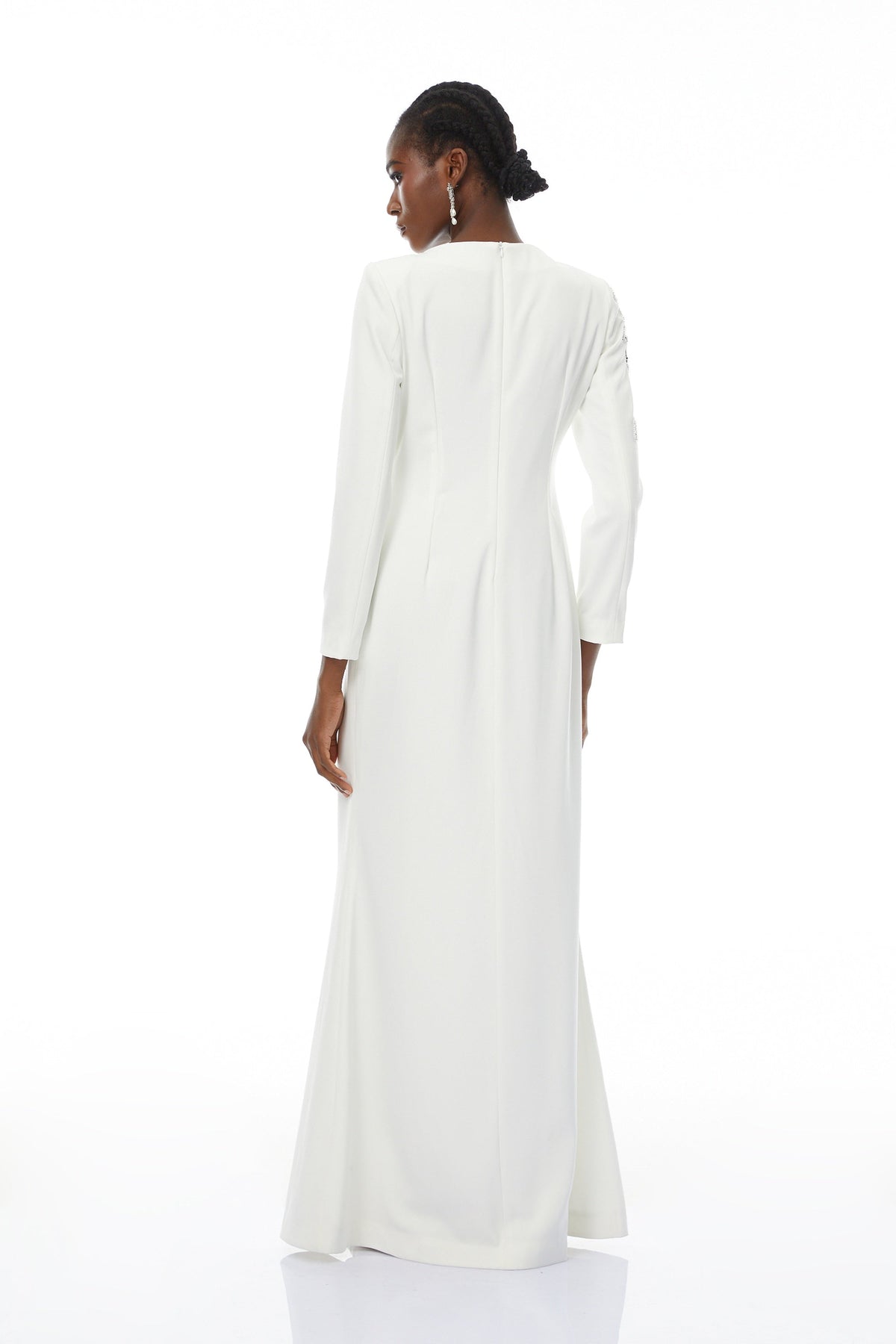 Michele White Embellished Maxi Gown with Floral Embroidered
