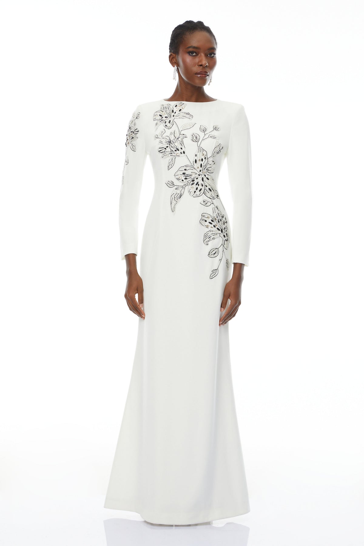 Michele White Embellished Maxi Gown with Floral Embroidered (Final Sale)