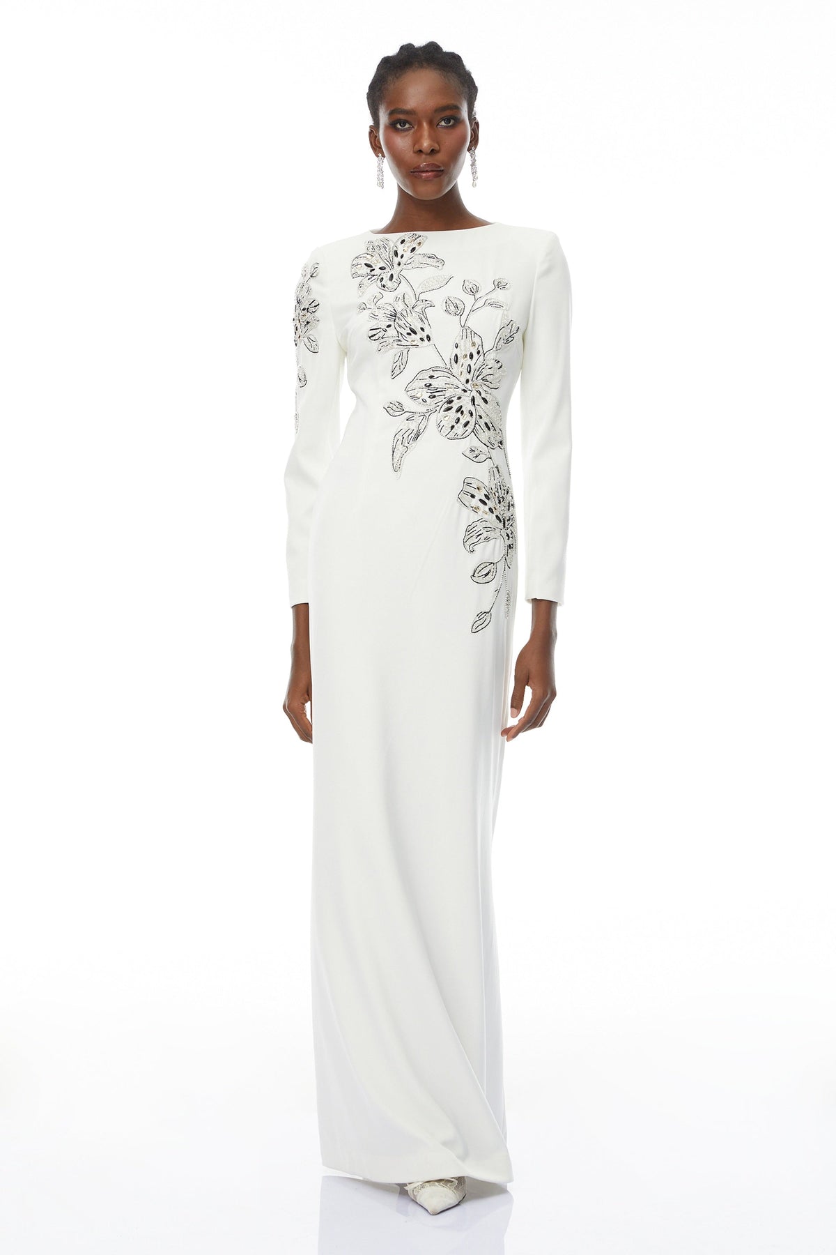 Michele White Embellished Maxi Gown with Floral Embroidered