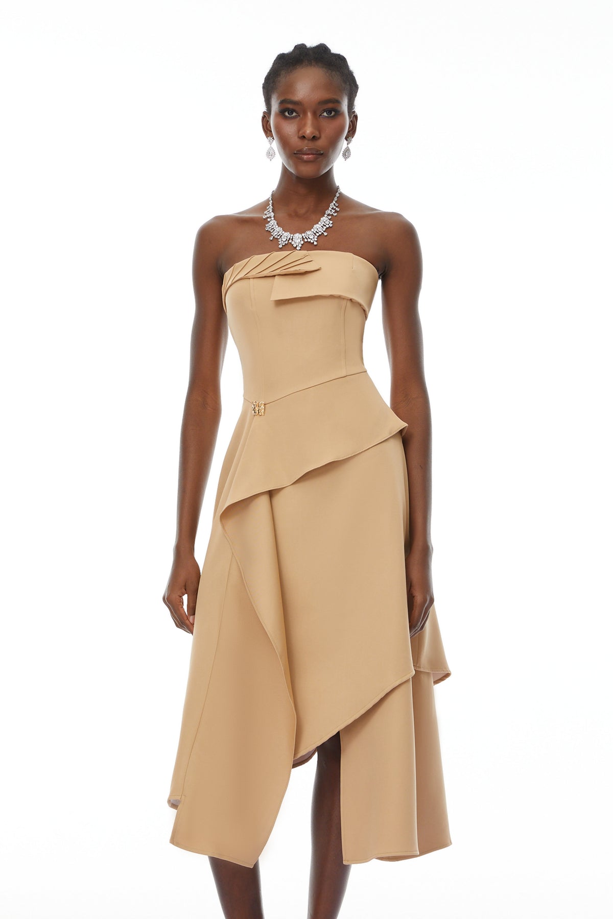 Mateo Khaki Off-Shoulder Asymmetrical Midi Dress