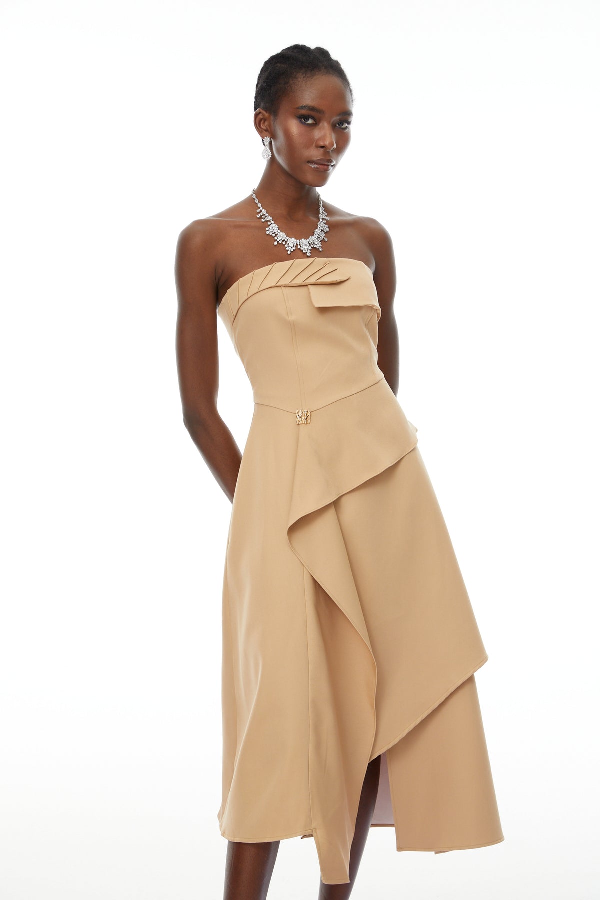 Mateo Khaki Off-Shoulder Asymmetrical Midi Dress